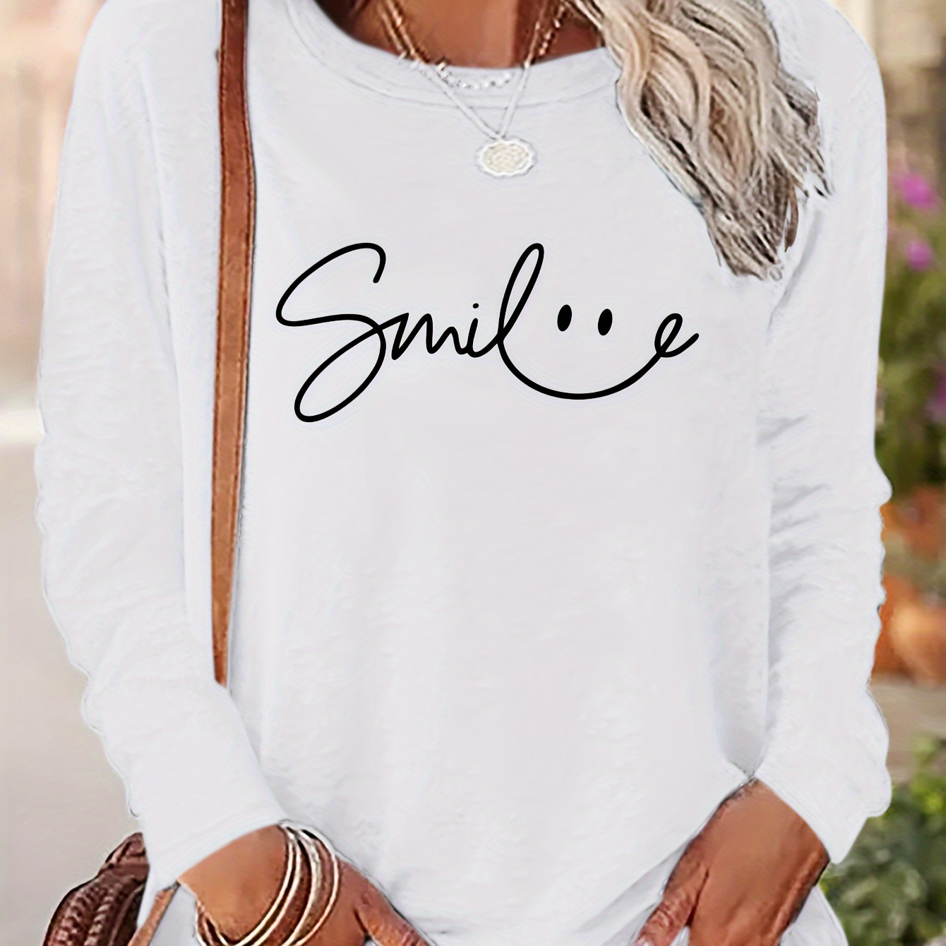 

Smile Print Long Sleeve T-shirt, Casual Crew Neck T-shirt For Fall & Spring, Women's Clothing