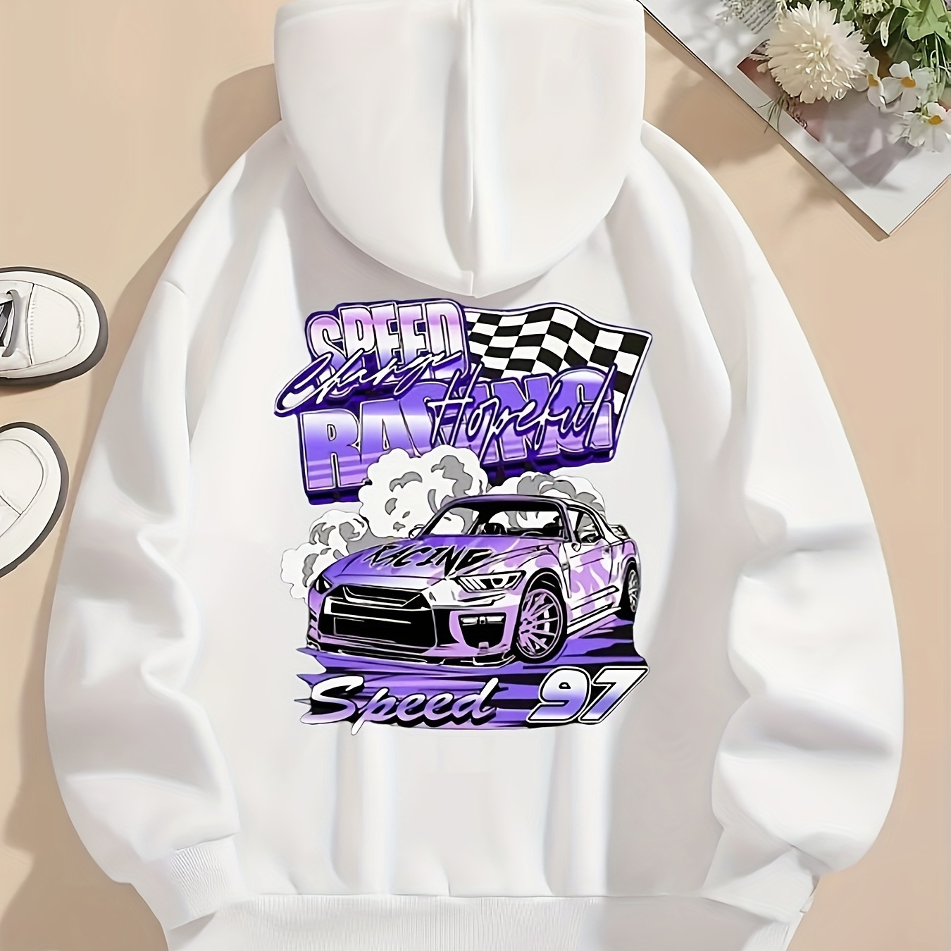 

Car Print Hoodie, Drawstring Casual Hooded Sweatshirt For Winter & Fall, Women's Clothing