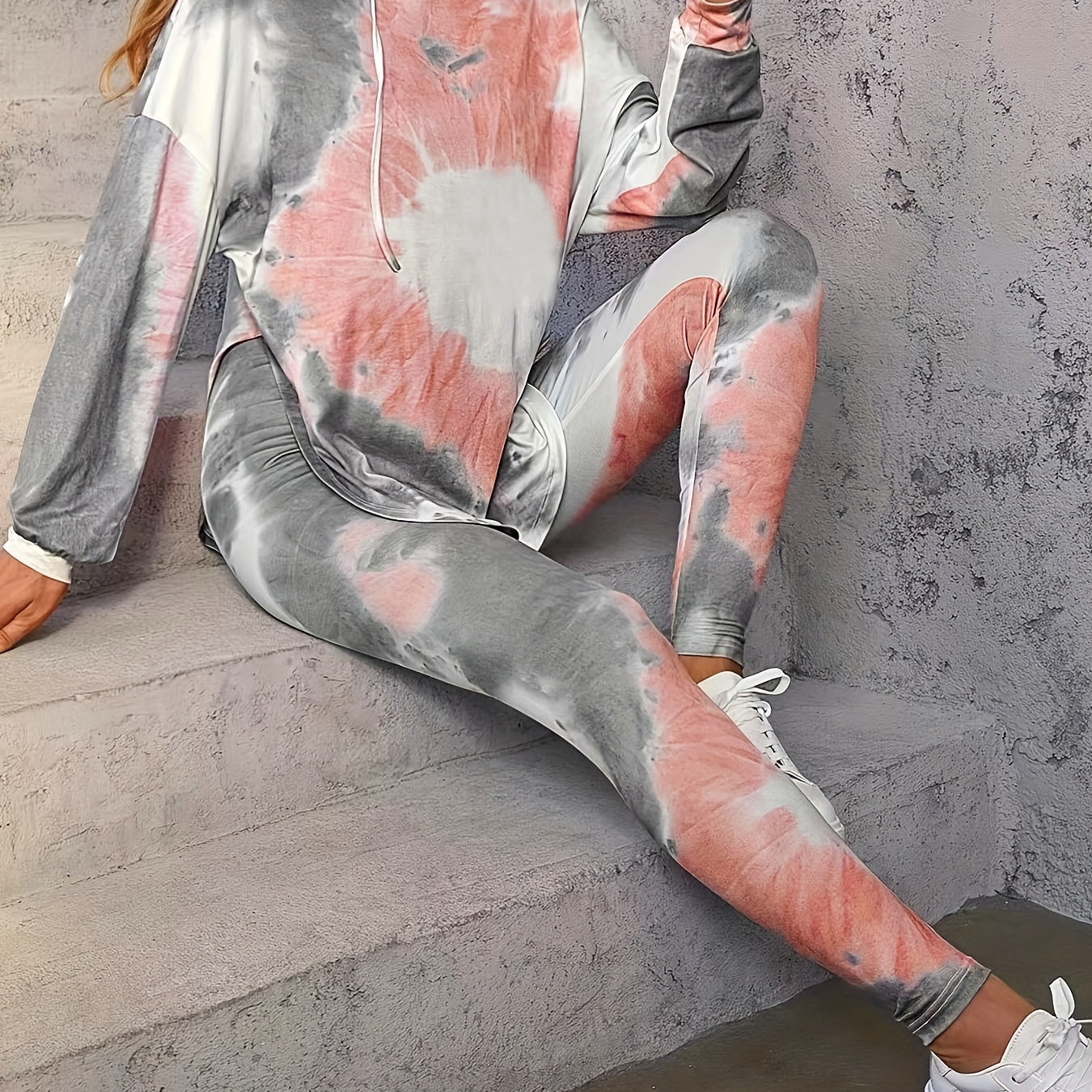 

Tie Dye Print Casual Two-piece Set, Drawstring Long Sleeve Hoodies & Slim Pants Outfits, Women's Clothing