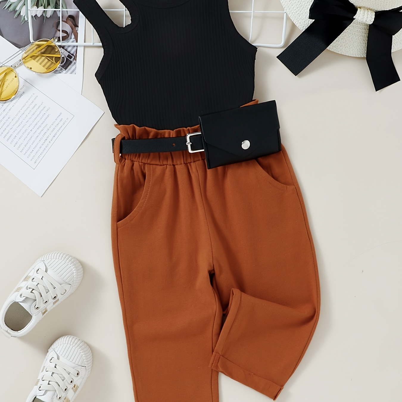 Girls cold shoulder sleeveless crop tank tops pants waist bag belt set
