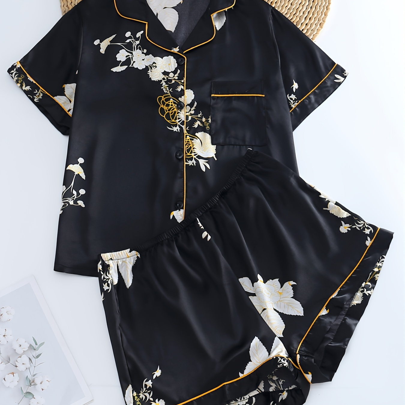 Plus Size Satin Floral Print Short Sleeve Top & Shorts Pajama Set, Women's Plus Elegant Loungewear Set