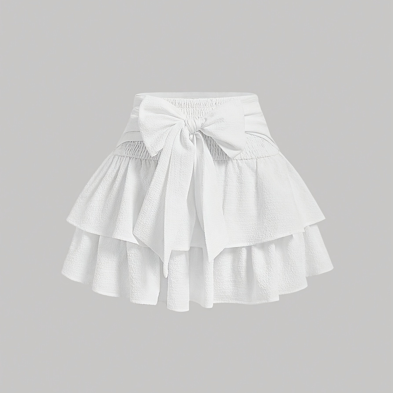 

Elegant White Ruffle Tiered Mini Skirt With Bow Detail, Polyester Woven Fabric, Solid Color, Versatile For All Seasons - 95% Polyester 5% Elastane