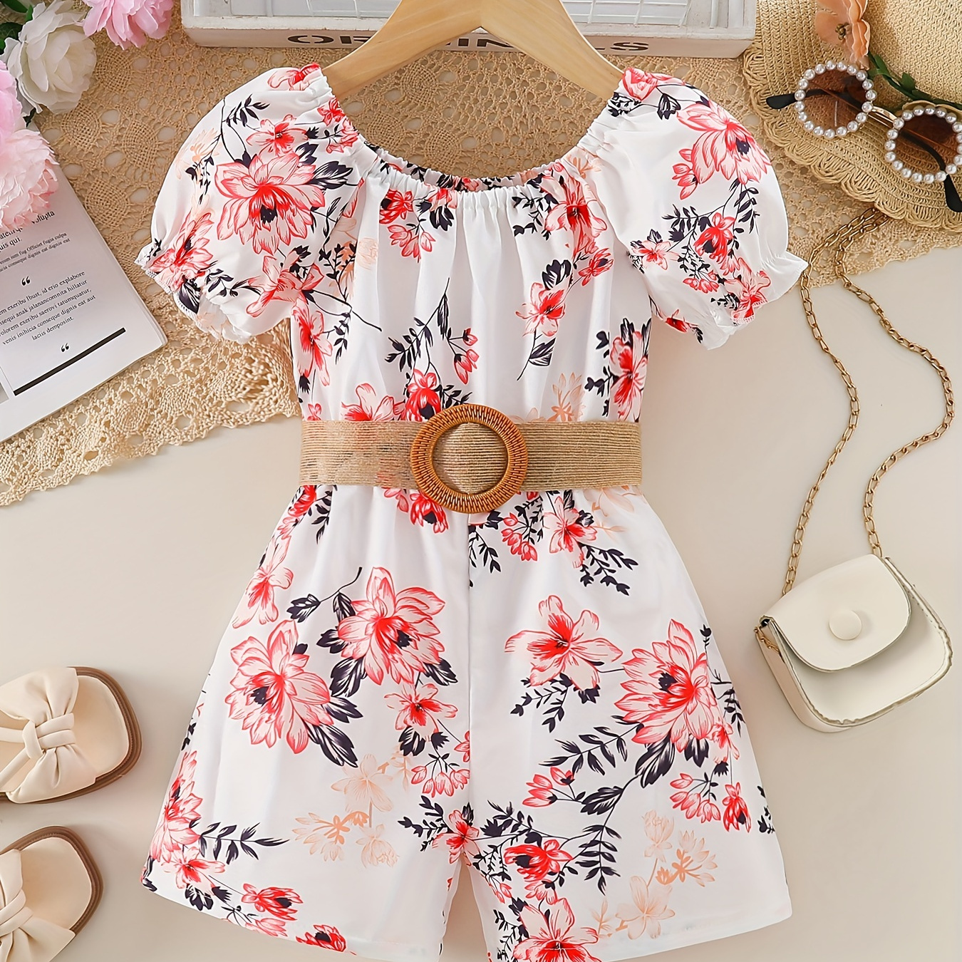 

Girls Stylish & Casual Allover Flowers Pattern Puff Sleeve Romper Jumpsuit With Belt For Spring & Summer