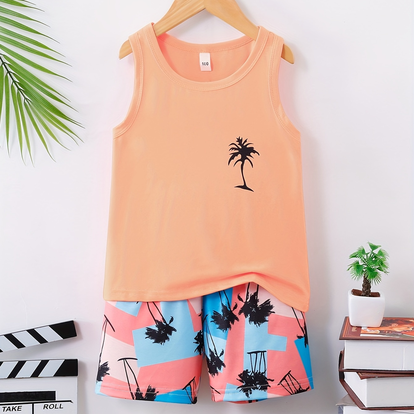 

2pcs Coconut Tree Graphic Print Boys Creative Sleeveless Tank Tops&shorts Set, Casual Crew Neck Fitness Vest&shorts, Kids Clothing