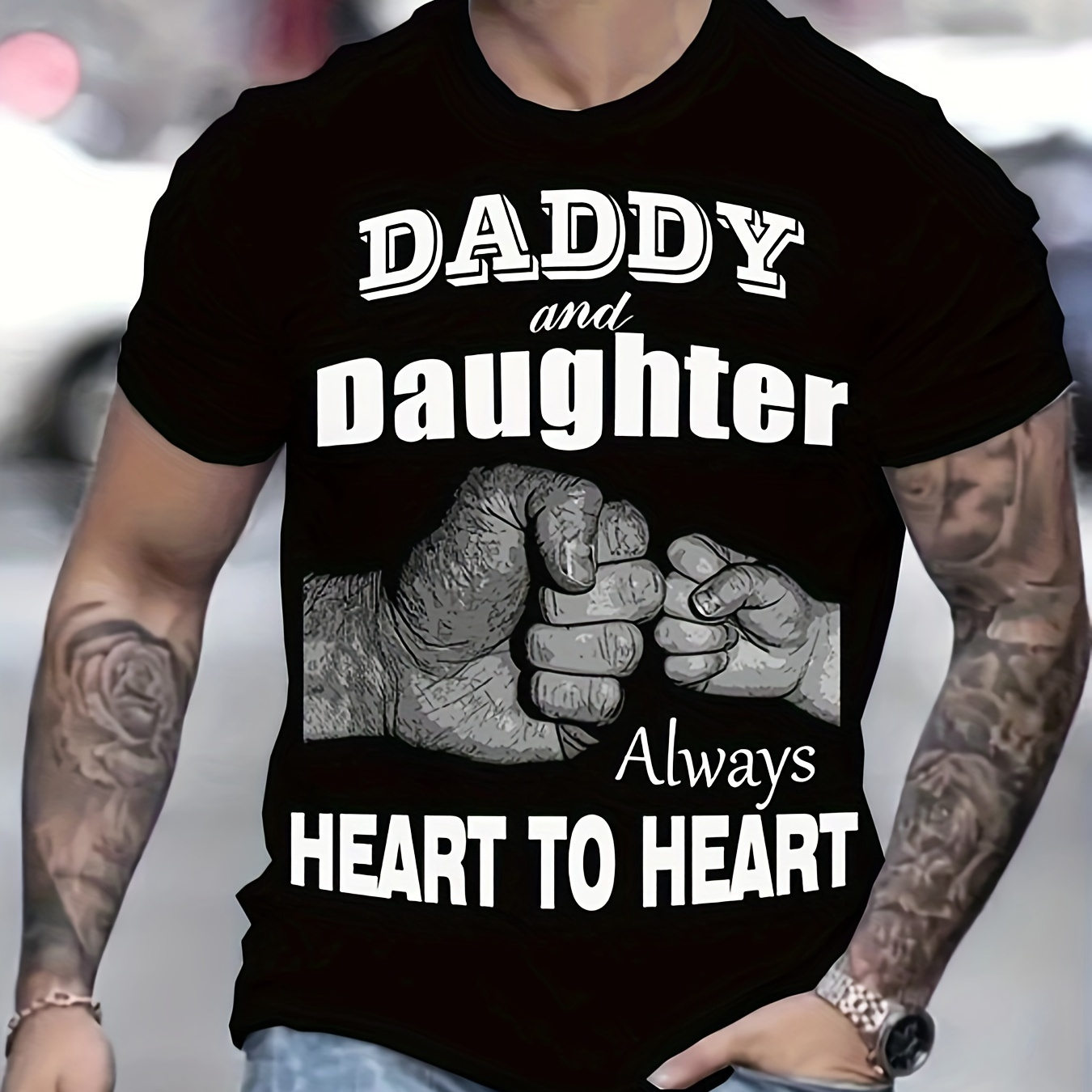 

''daddy And Daughter Always Heart To Heart'' Pattern Print Men's Short Sleeve Comfy T-shirt, Graphic Tee Men's Summer Clothes, Men's Clothing, Father's Day Gift