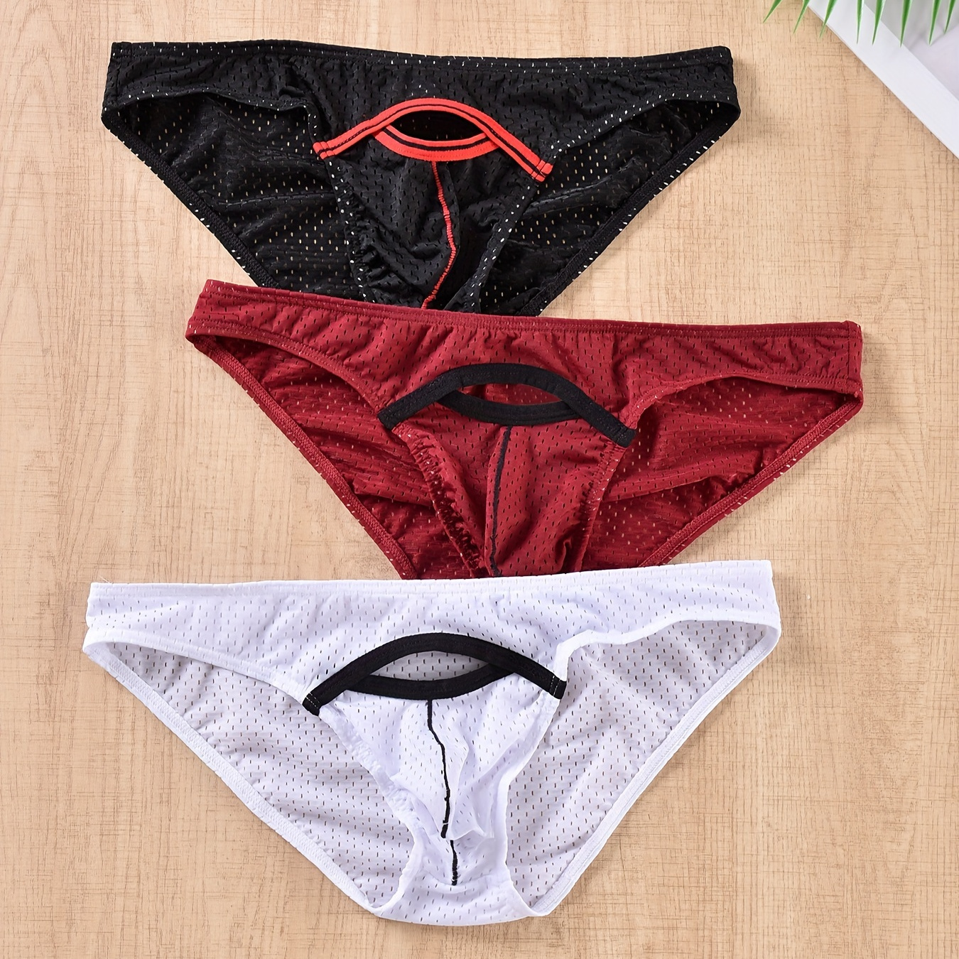 3pcs Men's U-shaped Bag Hollow Out Thin Mesh Breathable Comfy Antibacterial  And Sweat Absorbing Briefs, Sexy Low Waist Panties, Men's Underwear, Multi