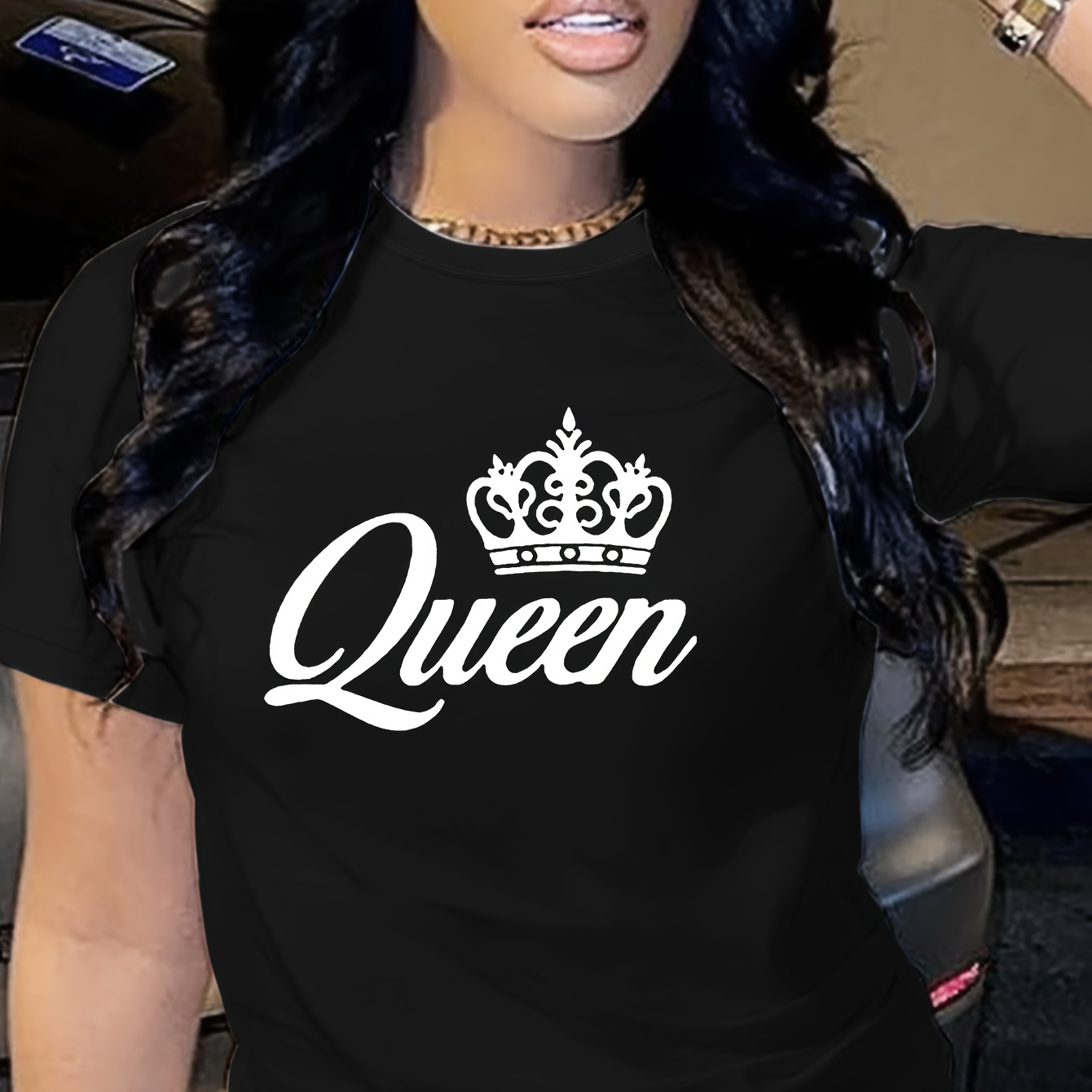

Queen Letter Print T-shirt, Short Sleeve Crew Neck Casual Top For Summer & Spring, Women's Clothing