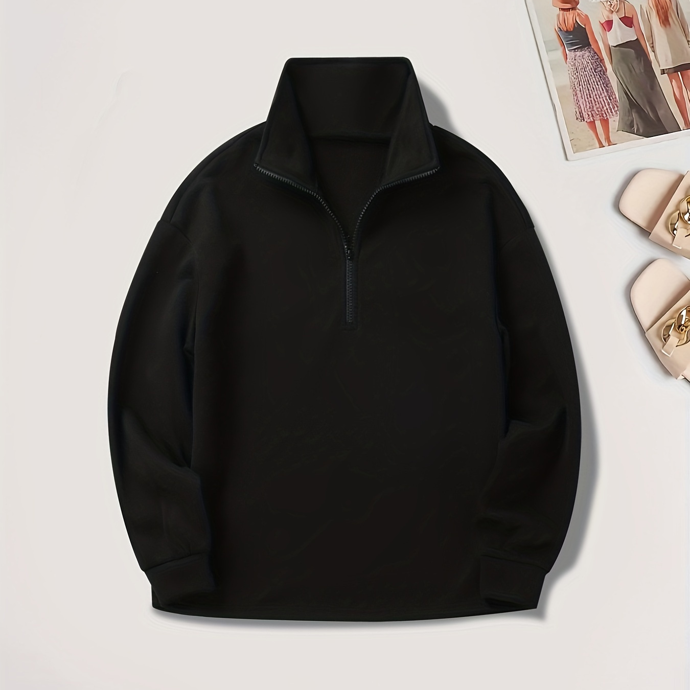 

Plus Size Casual Sweatshirt, Women's Plus Solid Long Sleeve Zip Up Mock Neck Medium Stretch Sweatshirt
