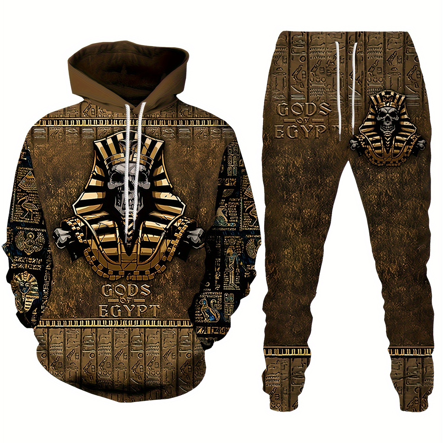 Plus Size Men's 3D Pharaoh Of Egypt Print Hooded Sweatshirt & Sweatpants Set For Spring Fall Winter, Men's Clothing