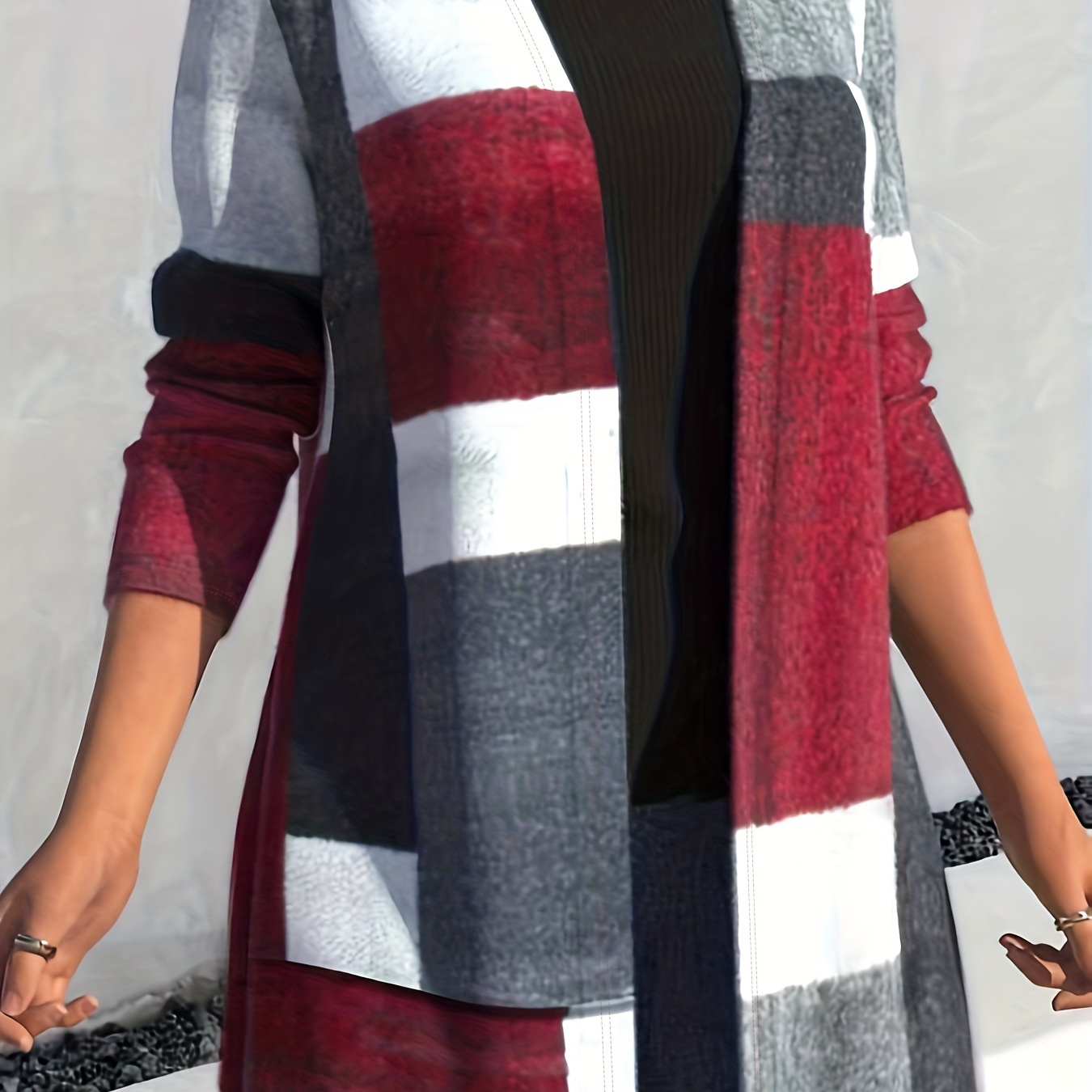 Plus Size Casual Cardigan, Women's Plus Colorblock Long Sleeve Open Front Cardigan