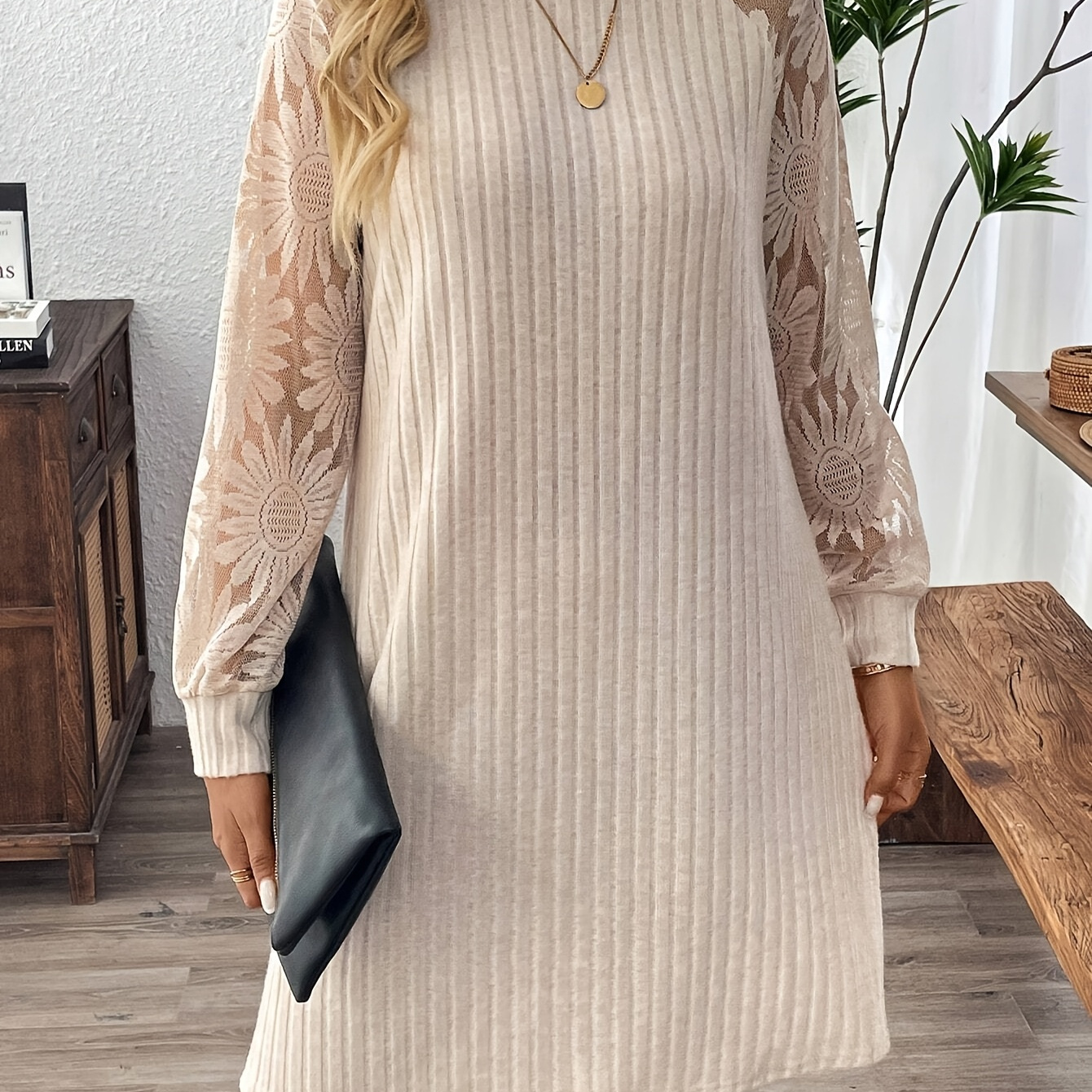 

Elegant Women's Mini Dress With Lace Detail - Long Sleeve, Crew Neck, High Stretch Polyester - Spring & Fall, Elegant Style, Spring/autumn