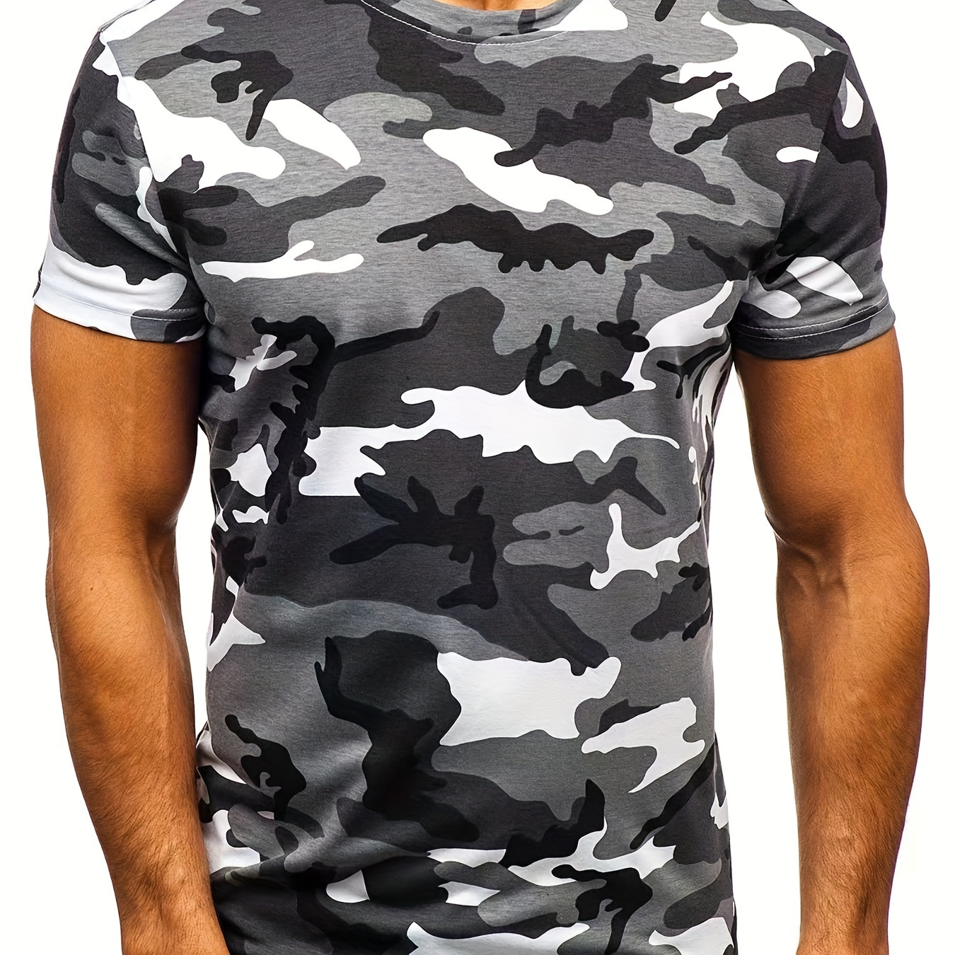 

Men's New Round Neck Slim Fit Sexy Camouflage T-shirt, Casual Sports Men's Loungewear Top, Graphic Tees, European And American Fashion Men's Homewear Pajama Top