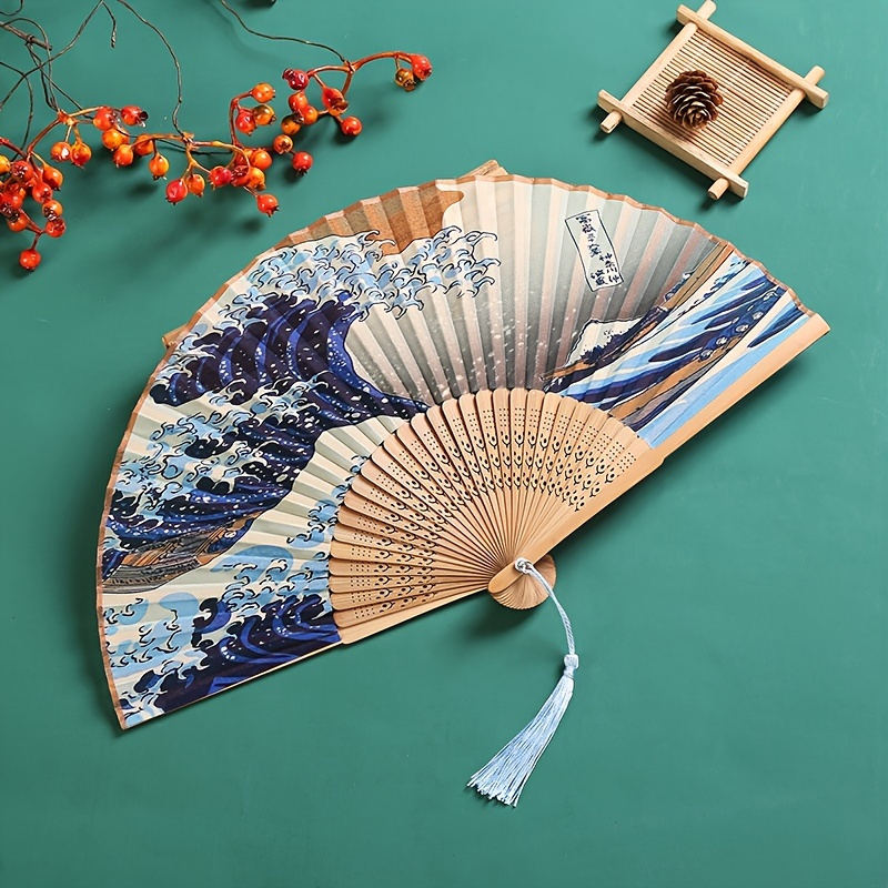 

1pc, Japanese Folding Fan Handmade Decorative Kanagawa Wave Foldable Fan Handheld Vintage Hand Fans For Women Portable Folding Fan Bamboo Silk Fan Japanese Decorations Retro Fans