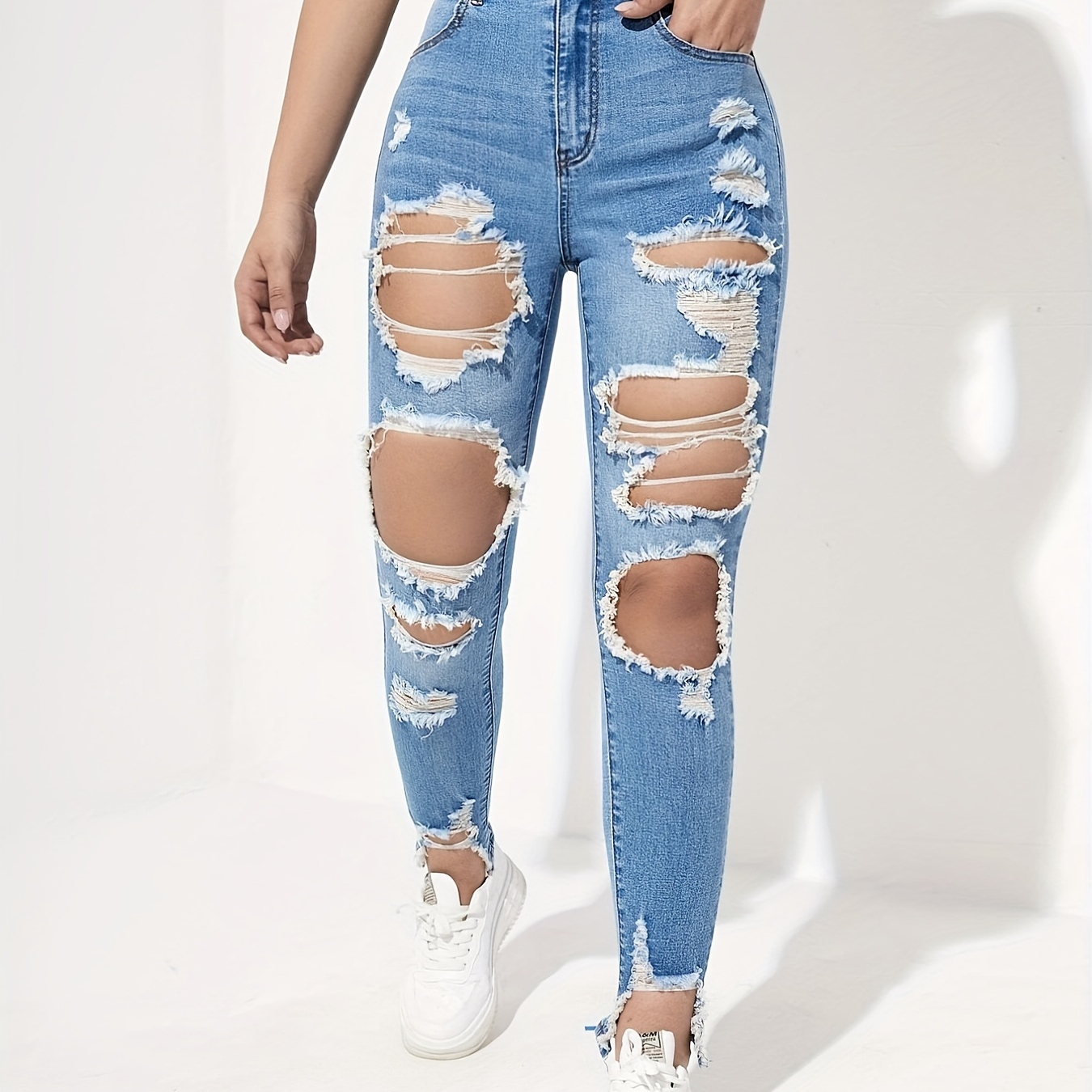 Stretchy Ripped Knee Skinny Jeans Embossed Crotch - Temu
