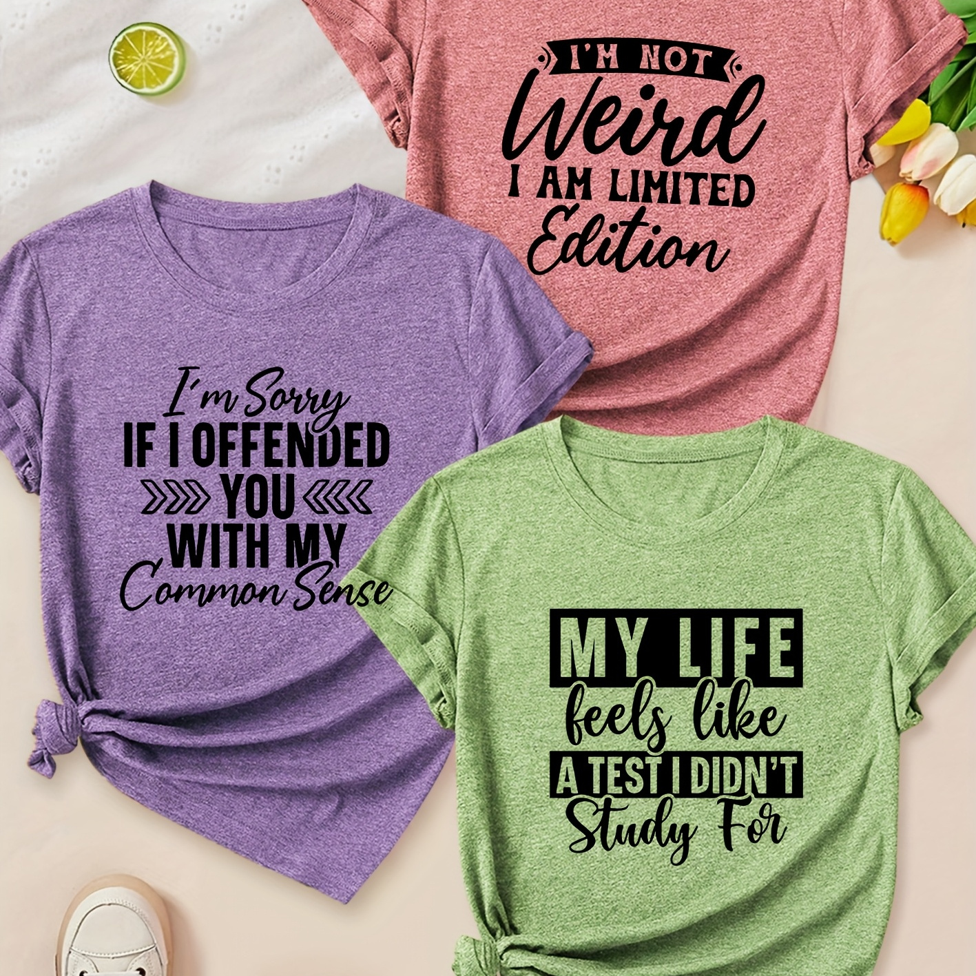 

3pcs Women's Quirky English Series Graphic Tees - Vintage-inspired, Soft Polyester , Crew Neck, Short Sleeve T-shirts In Pink, Purple, Green With Humorous Print - Ideal For Spring/summer