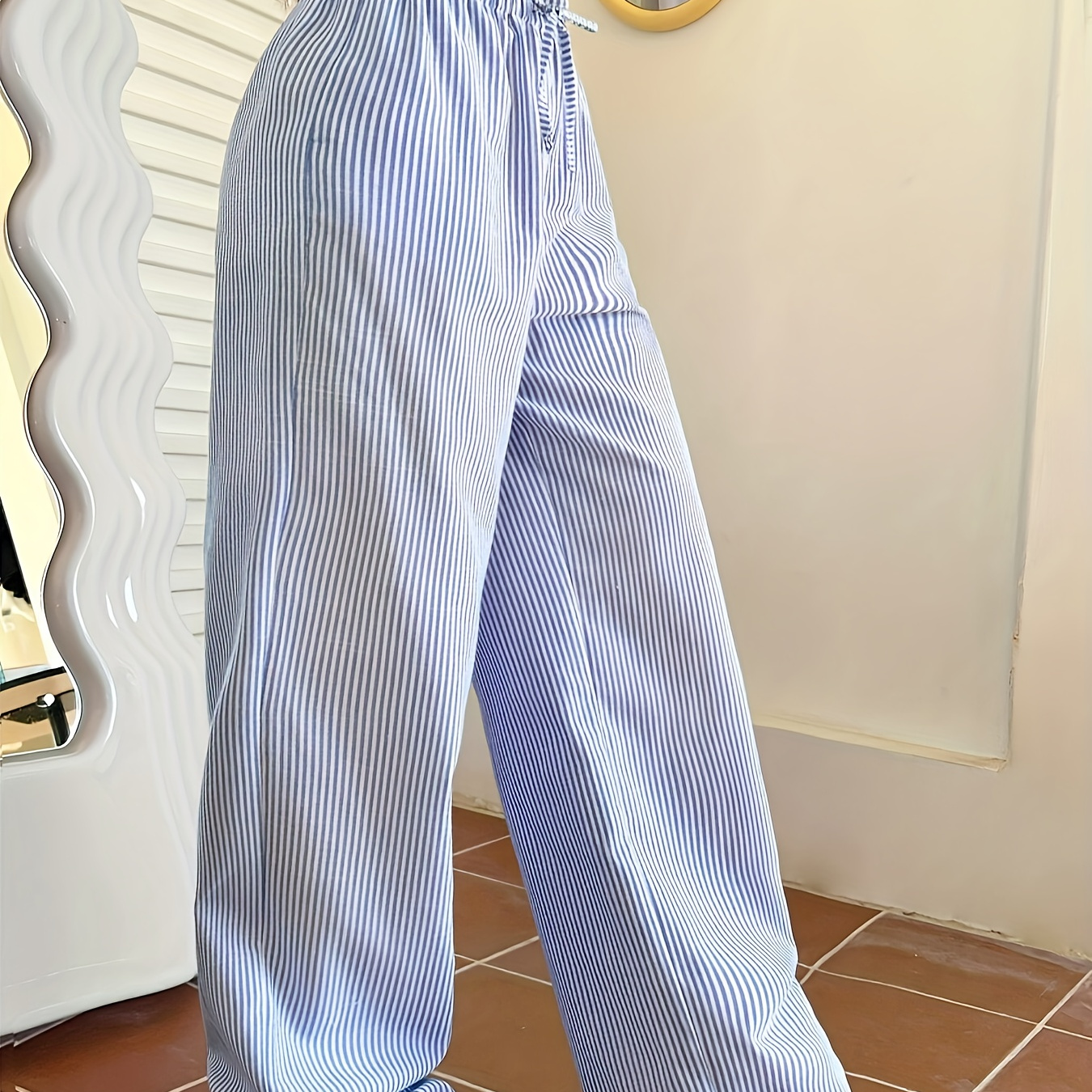 

Striped Fake Drawstring Pants, Casual Wide Leg Pants For Spring & Summer, Women's Clothing