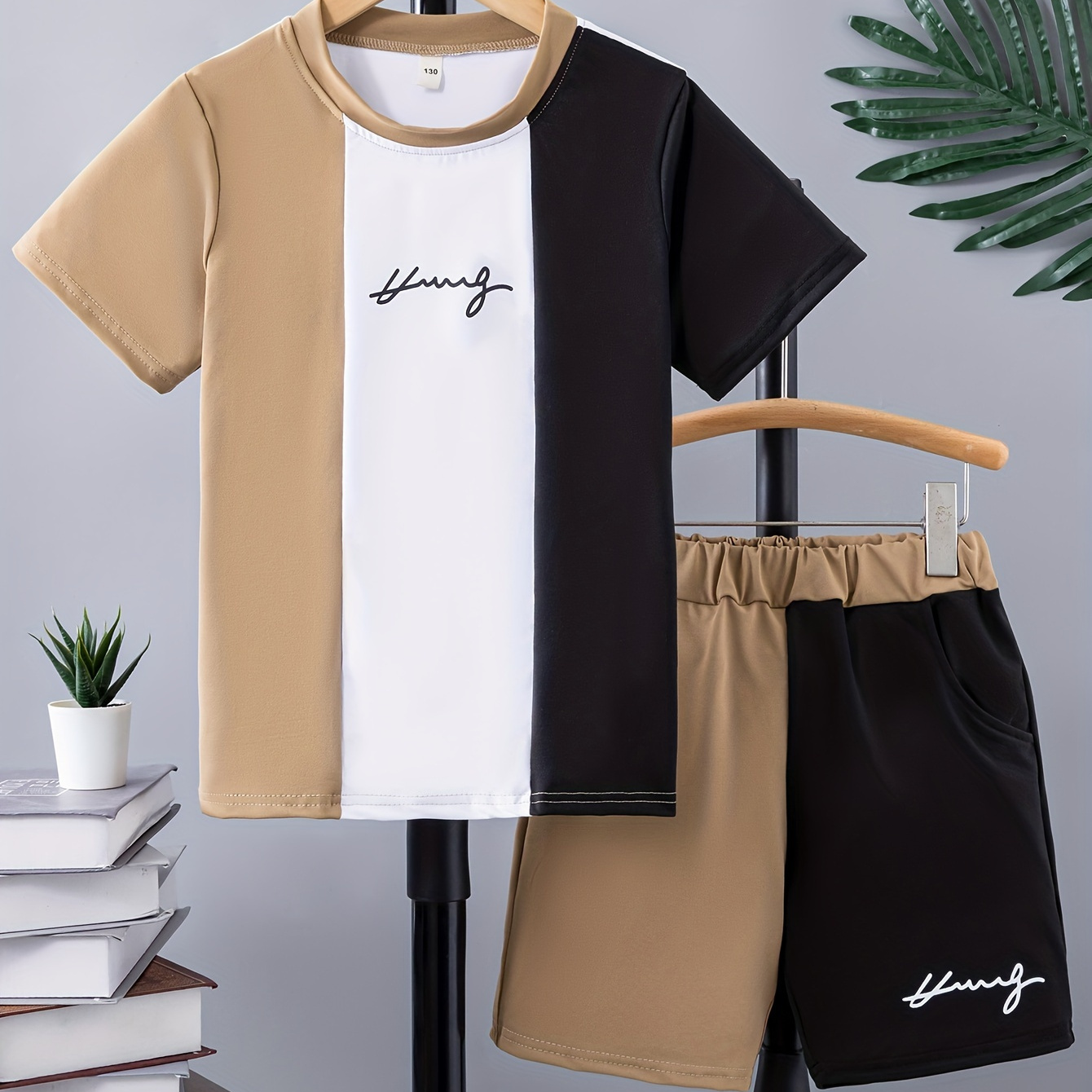 

2pcs Boys Stylish Color Block Short Sleeve T-shirt & Shorts Set, Comfy Summer Boys Clothes