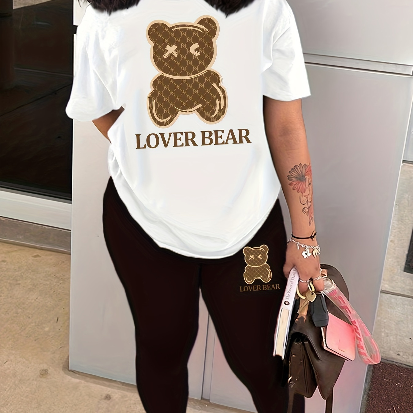 

Bear Print Casual Two-piece Set, Short Sleeve Crew Neck T-shirt & Slim Pants Outfits, Women's Clothing