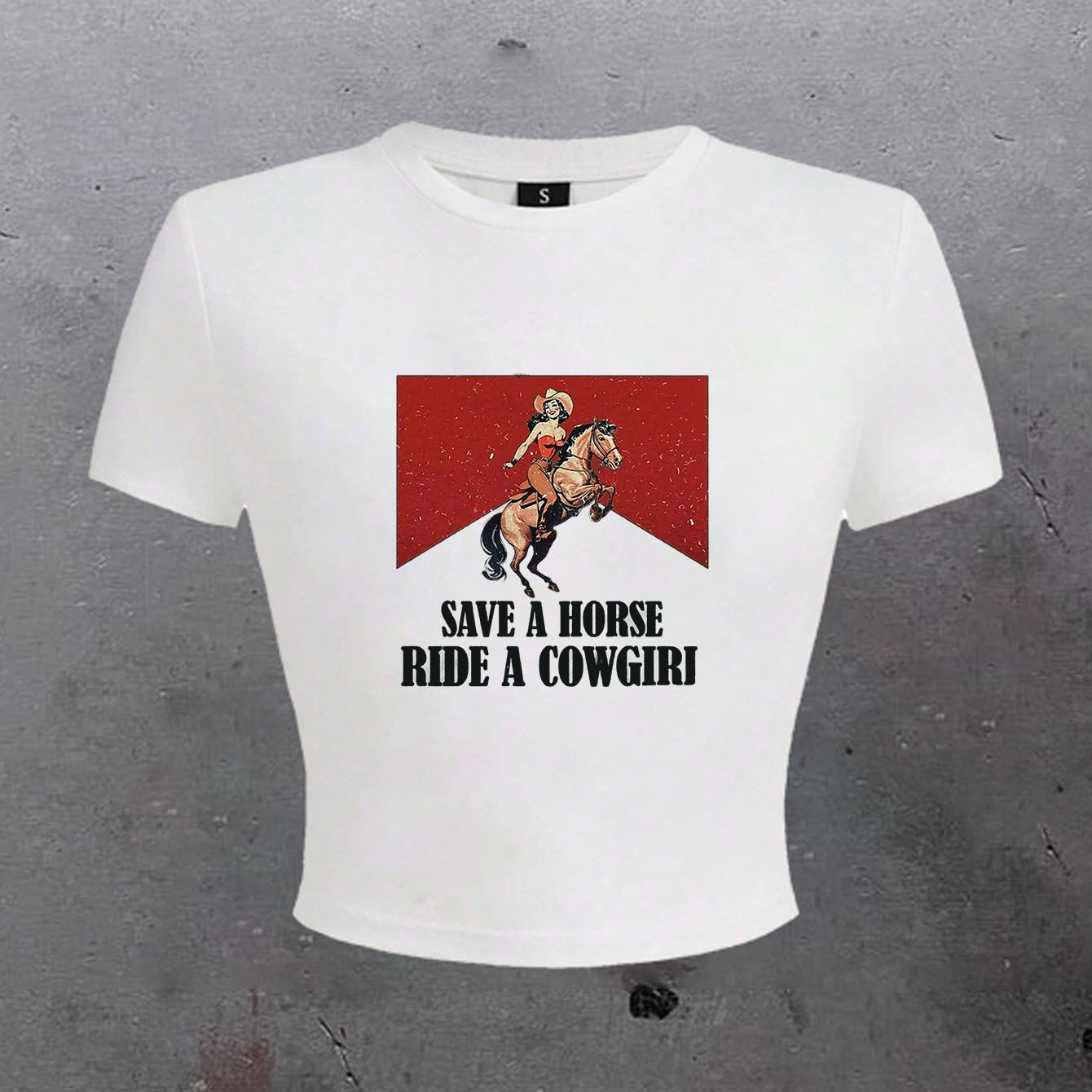 

Save A Horse Ride A Cowgirl Print T-shirt, Y2k Short Sleeve Crew Neck T-shirt For Spring & Fall, Women's Clothing