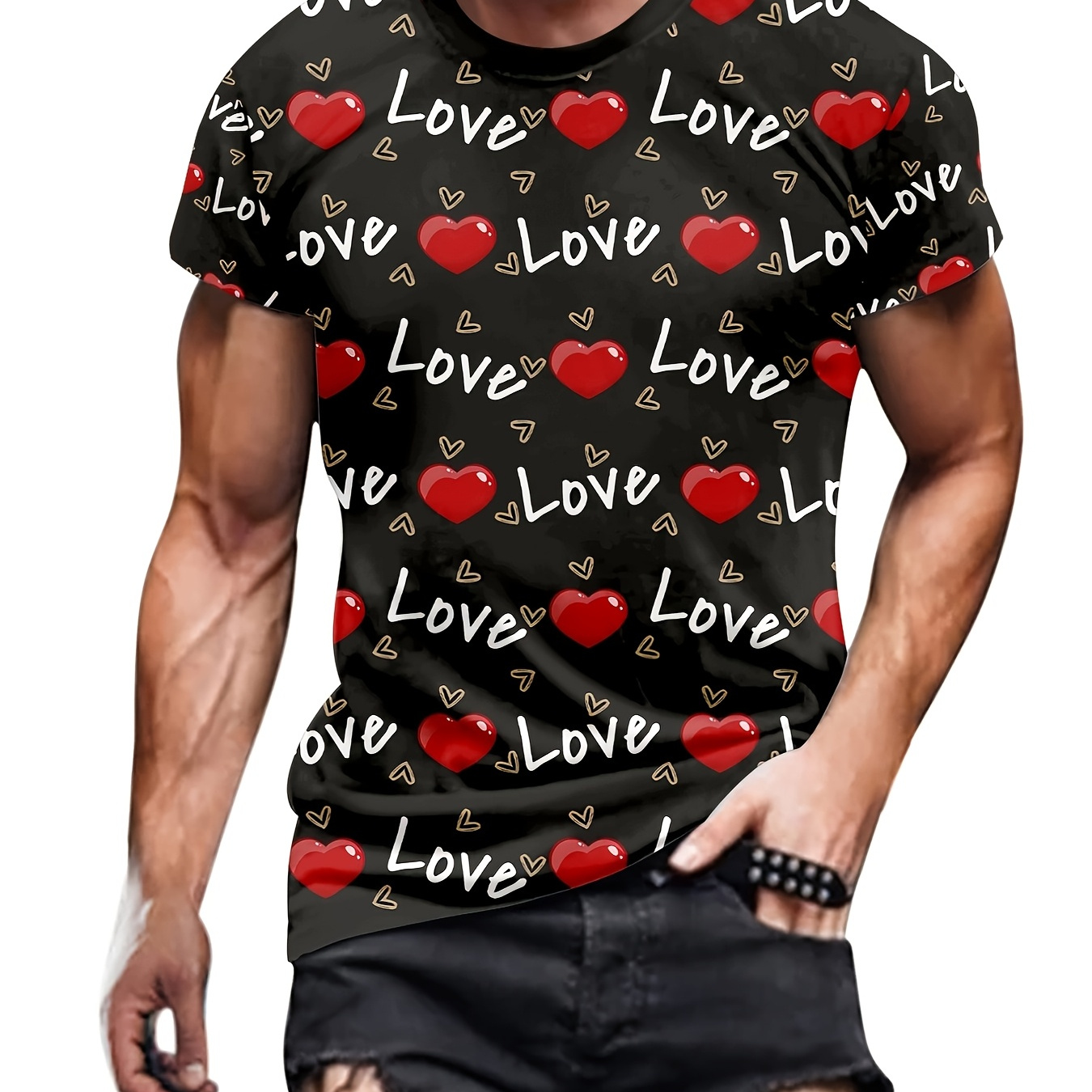 

1pc Men' Valentine's Day Love Heart Print T-shirt, Casual Crew Neck, 100% Polyester Knit Fabric With Slight Stretch, Regular Fit