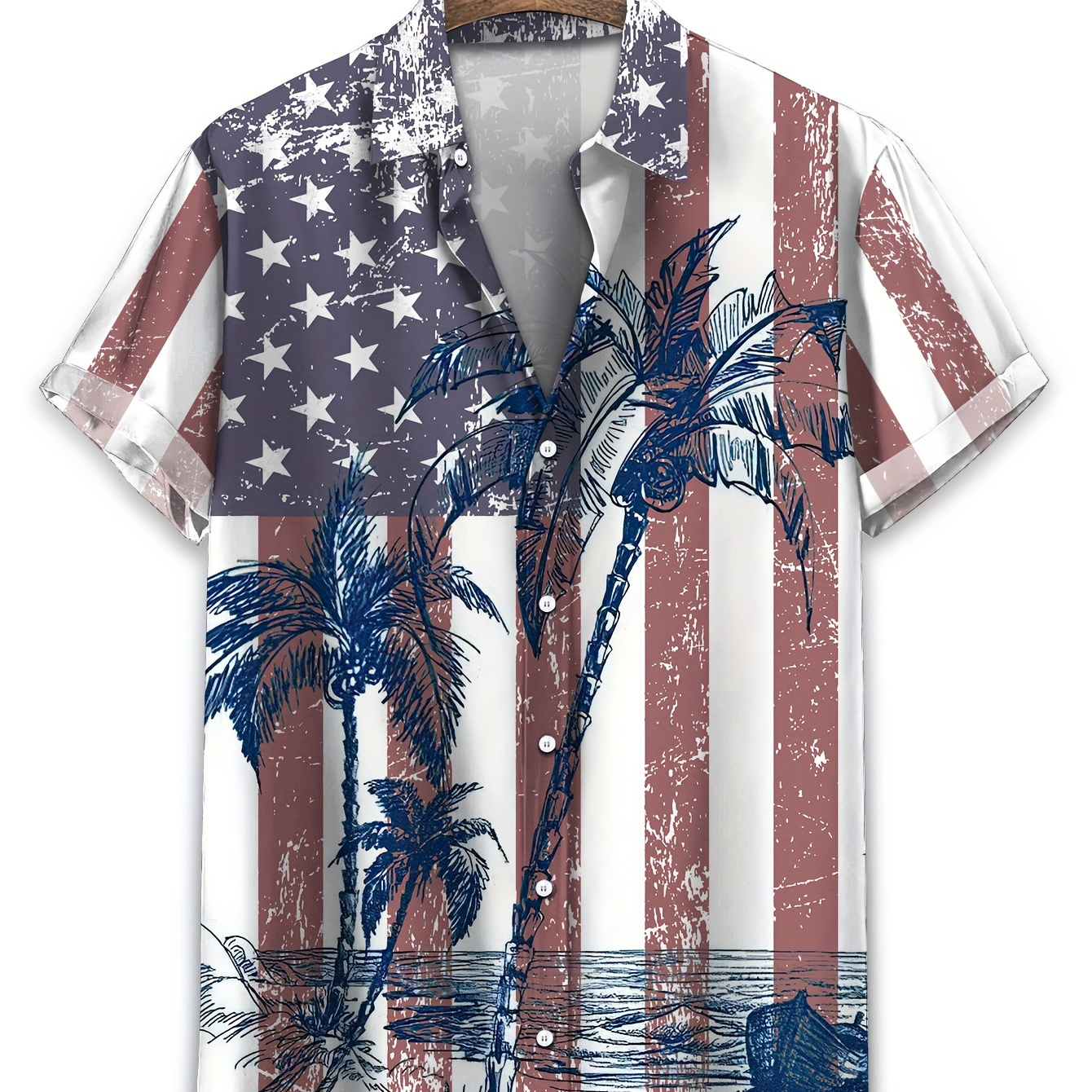 

Coconut Tree And American Flag Print Men's Summer Fashionable And Simple Short Sleeve Button Casual Lapel Simple Shirt, Trendy And Versatile, Suitable For Dates, Beach Holiday, As Gifts