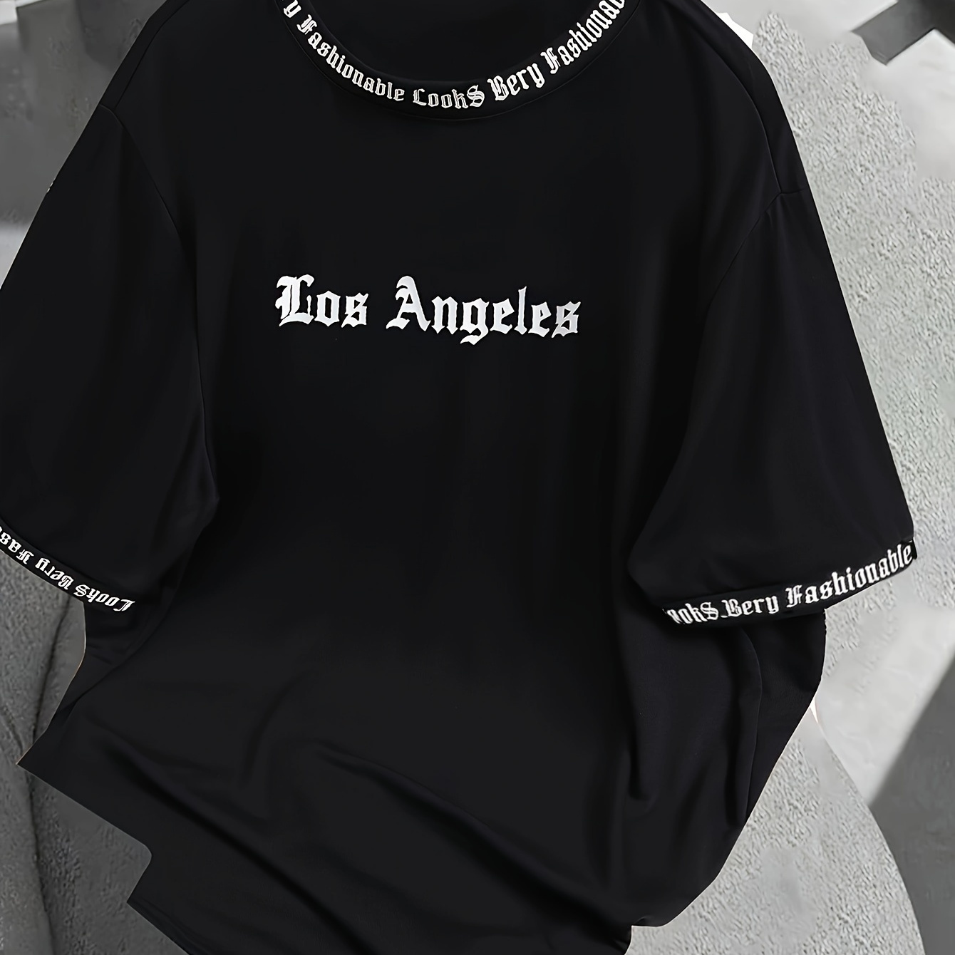 

Men's Los Angeles Letter Neck And Short Sleeve T-shirt, Trendy Tops For Summer Daily And Street Wear