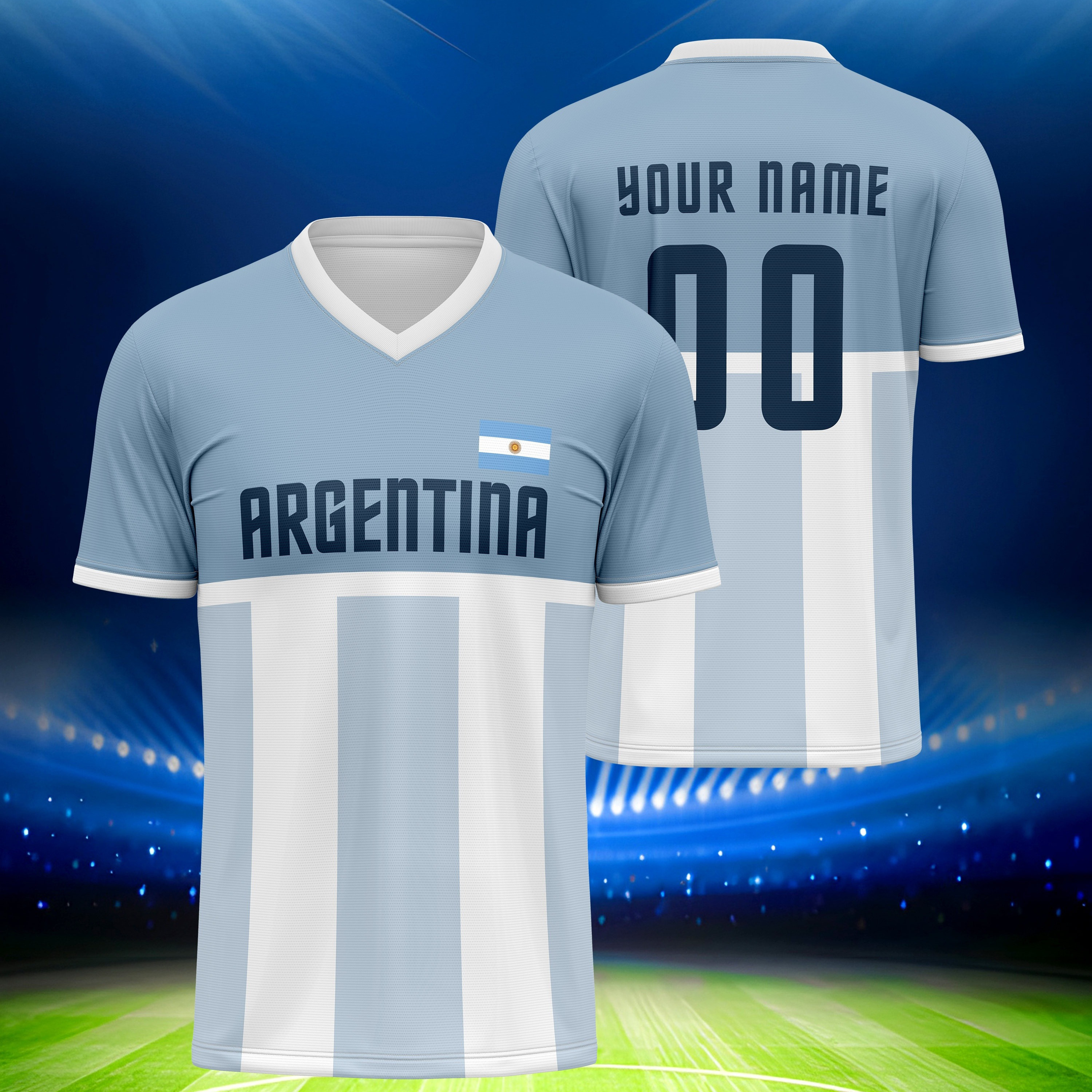 

Customized Argentina Soccer Jersey, V-neck Polyester Football Top With Personalized Name & Number, Breathable & Washable, Knit Fabric, Regular Fit For Daily & Casual Wear, Sports , 210g/m²