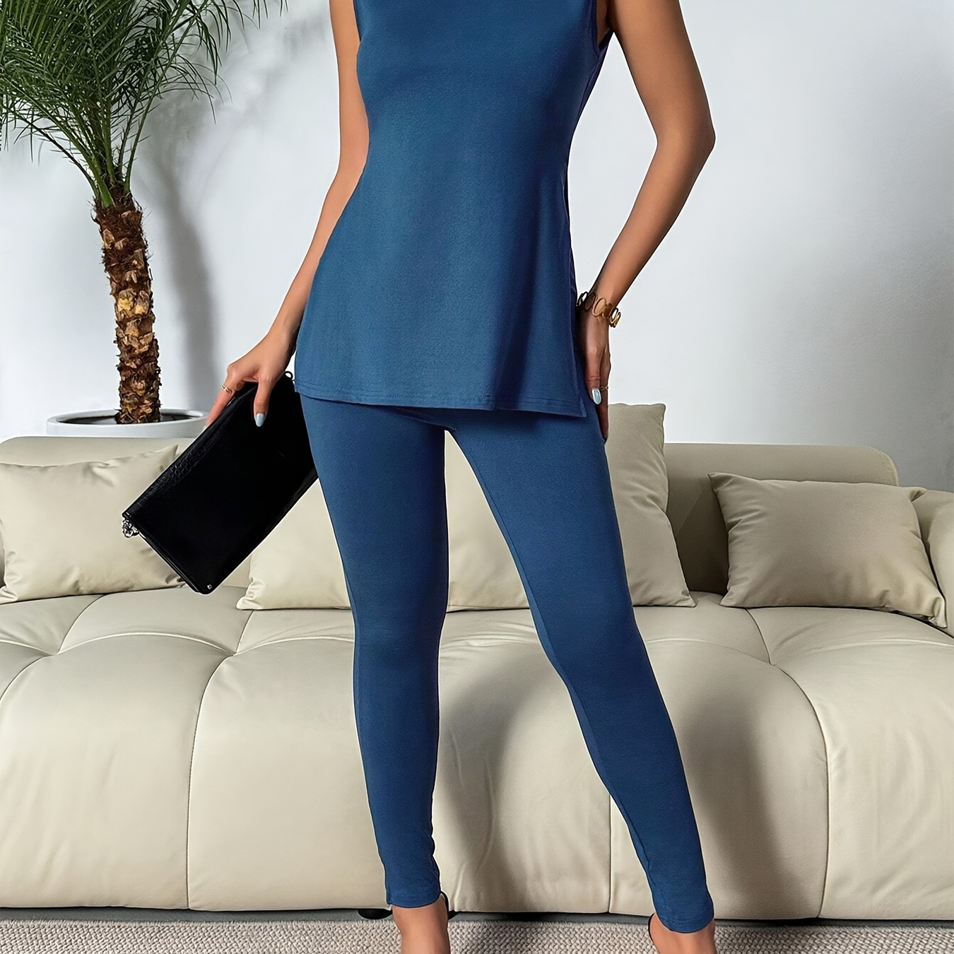 

Solid Color Elegant Pantsuits, Crew Neck Side Split Sleeveless Tank Top & High Waist Skinny Pants Outfits, Women's Clothing