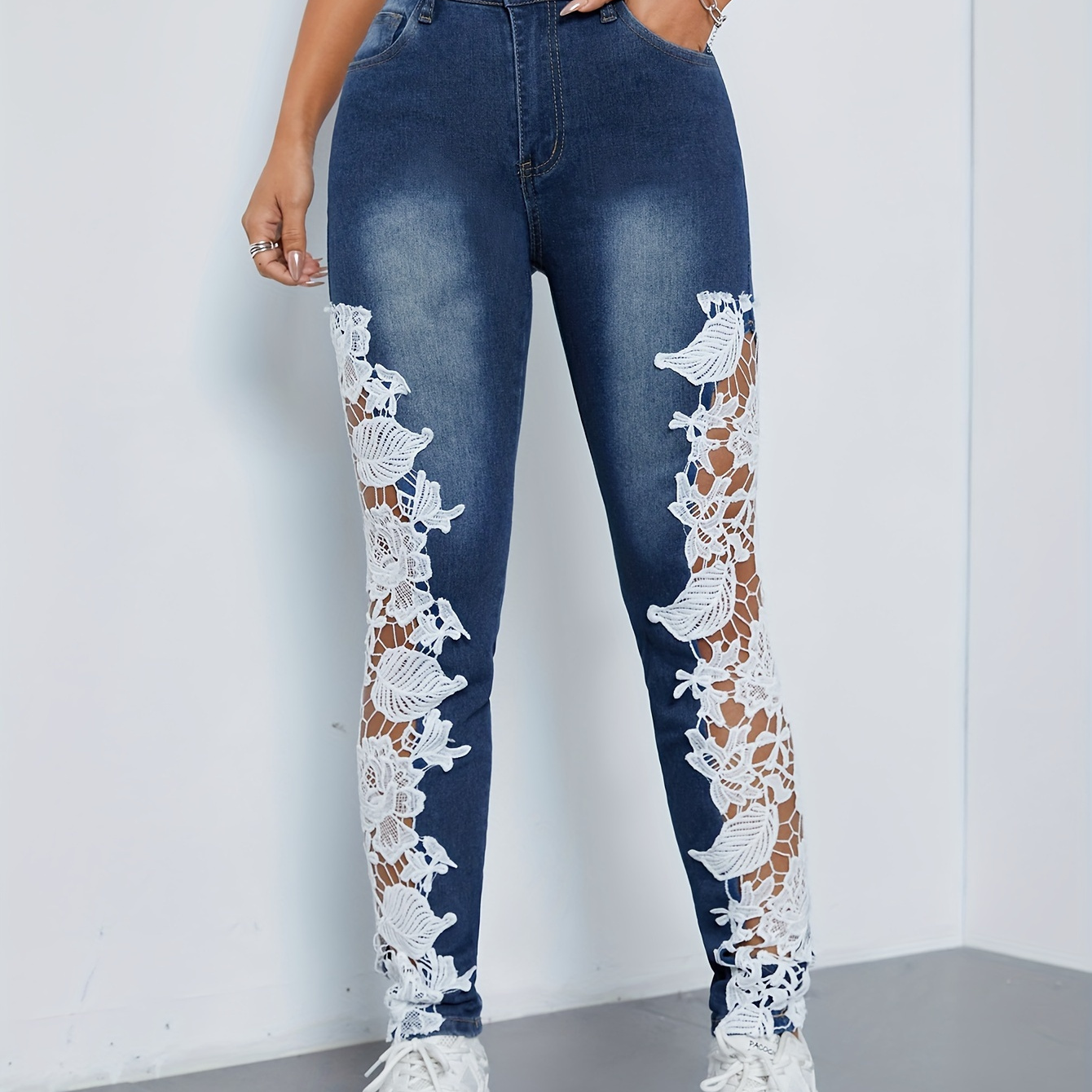 

Women's Sexy Lace Patchwork Hollow-out Denim Jeans, Street Style Floral Skinny Pants, Chic Jeans With Lace Details