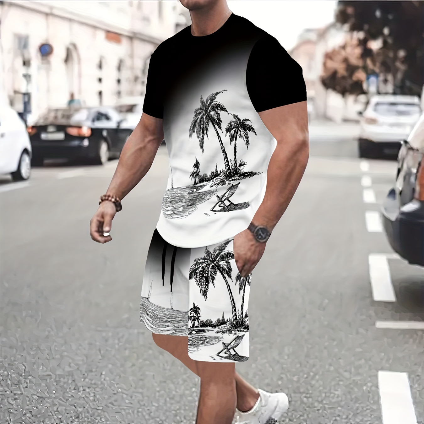 

Men's Outfit, Color Matching Coconut Trees Pattern Casual Crew Neck Short Sleeve T-shirt & Shorts 2-piece Set For Summer Outdoor Activities