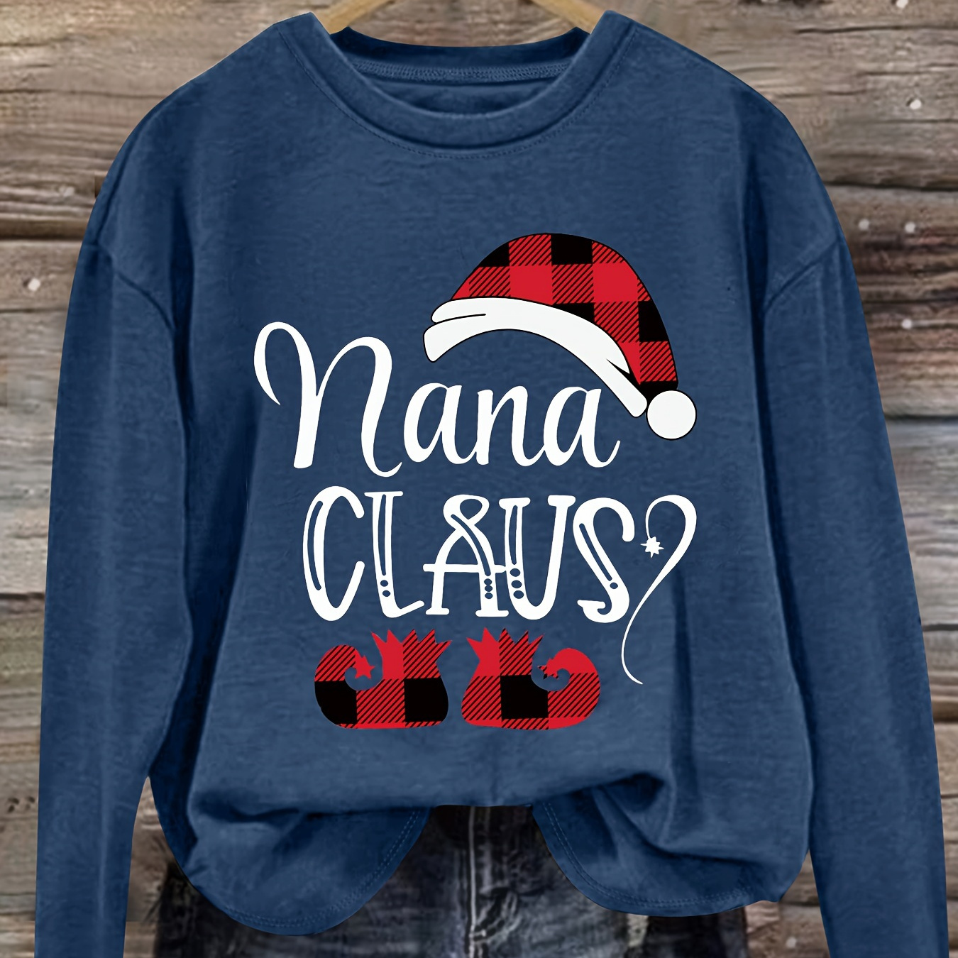 

Nana Claus Print Crew Neck T-shirt, Casual Long Sleeve Top For Vacation, Women's Clothing