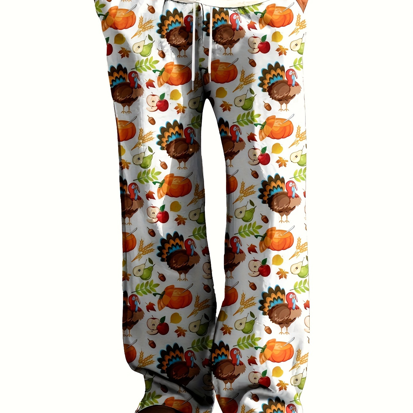 

Men's Thanksgiving Pumpkin Print Loose Fit Pants, Comfy Breathable Drawstring Trousers For All