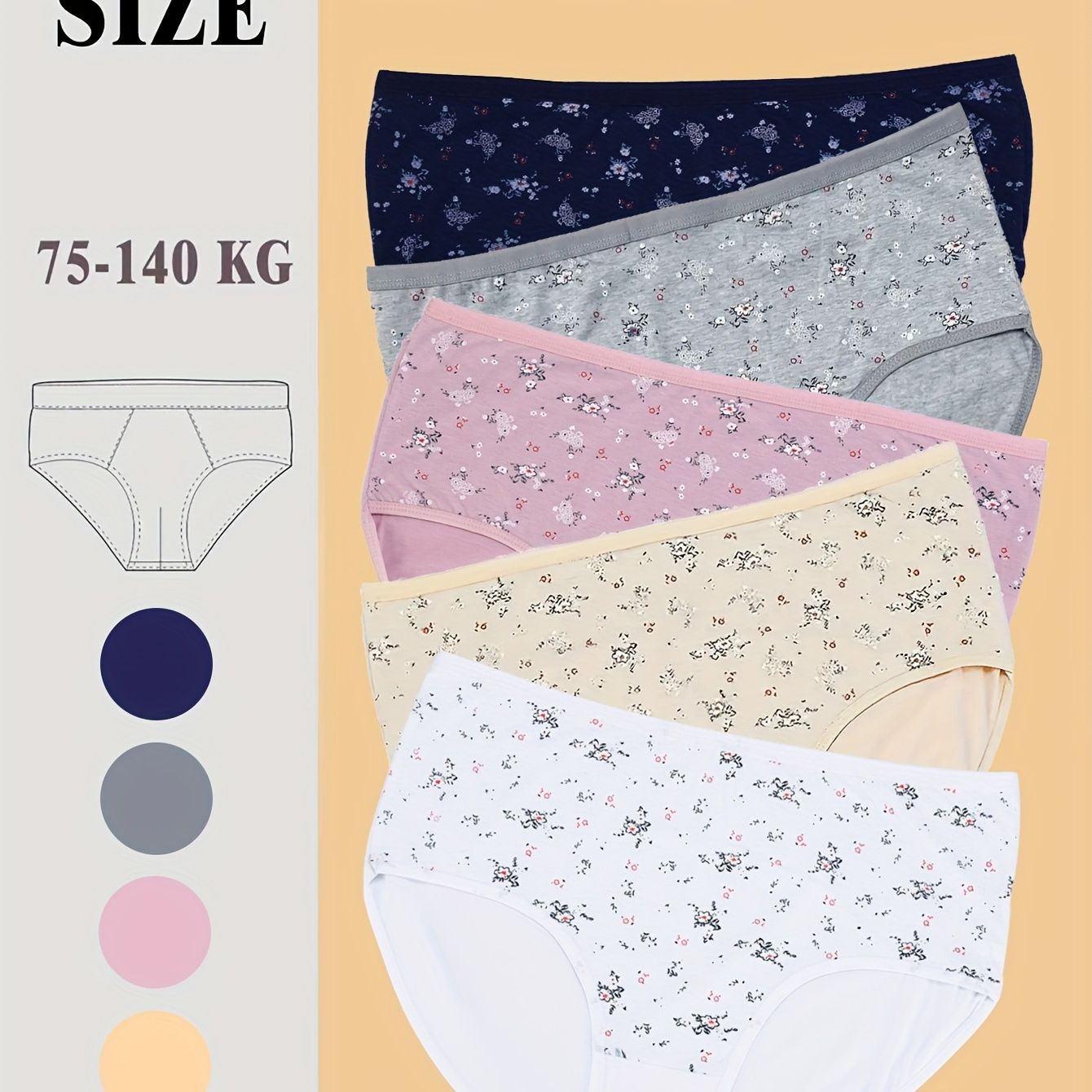 

5pcs Women's Plus Elegant Panties, Plus Size Ditsy Floral Print High Waist Soft & Breathable Briefs