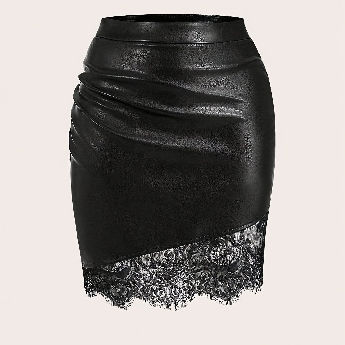 

Plus Size Elegant Black Mini Skirt With Lace Detail - High-waisted, Ruched Leather Patchwork, Machine Washable - Stylish & Chic For All , Plus Size, Ruched