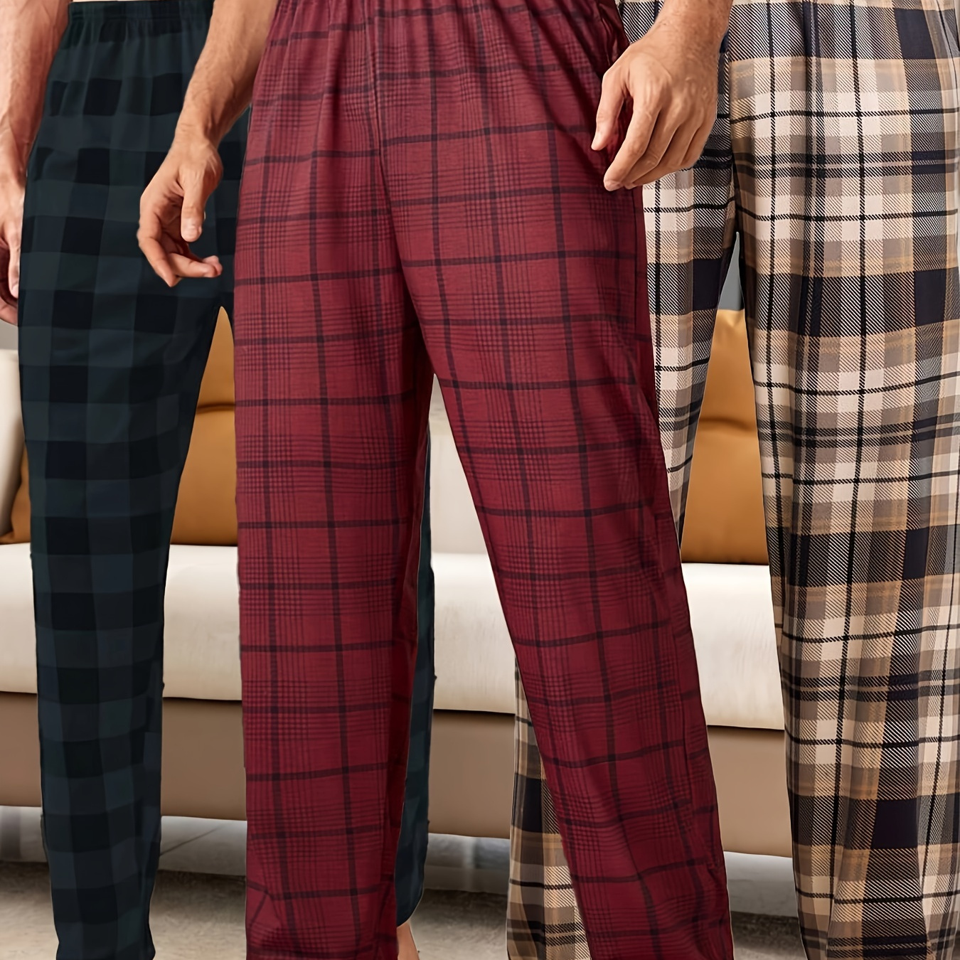 

3-pack Men's Pajama Pants, Polyester Sleepwear Lounge Bottoms, High , , Loose Fit For Teens And Adults - Autumn/