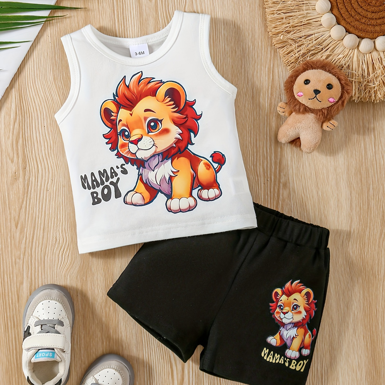 

Baby's "mama's Boy" Lion Print 2pcs Summer Casual Outfit, Tank Top & Shorts Set, Toddler & Infant Boy's Clothes