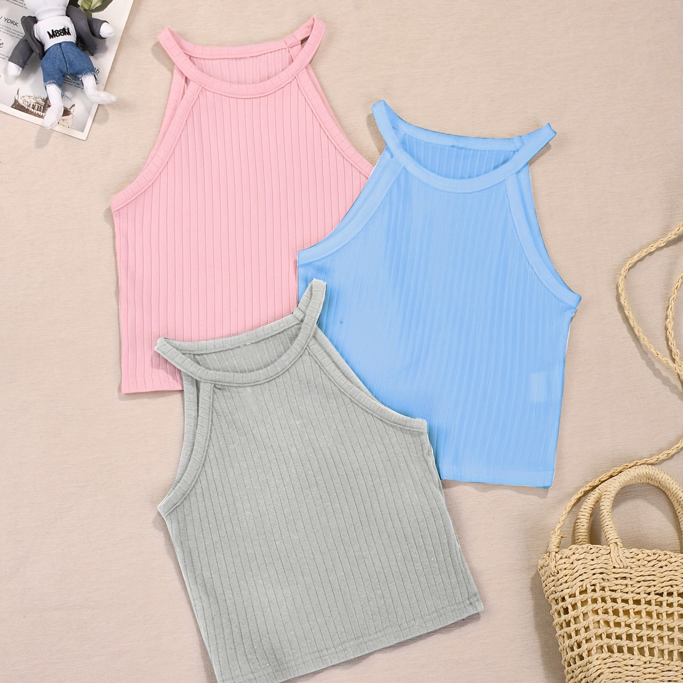 3pcs Girls Basic Ribbed Knit Halter Tops Sports Workout Yoga Sleeveless Shirts Cami Top For Summer