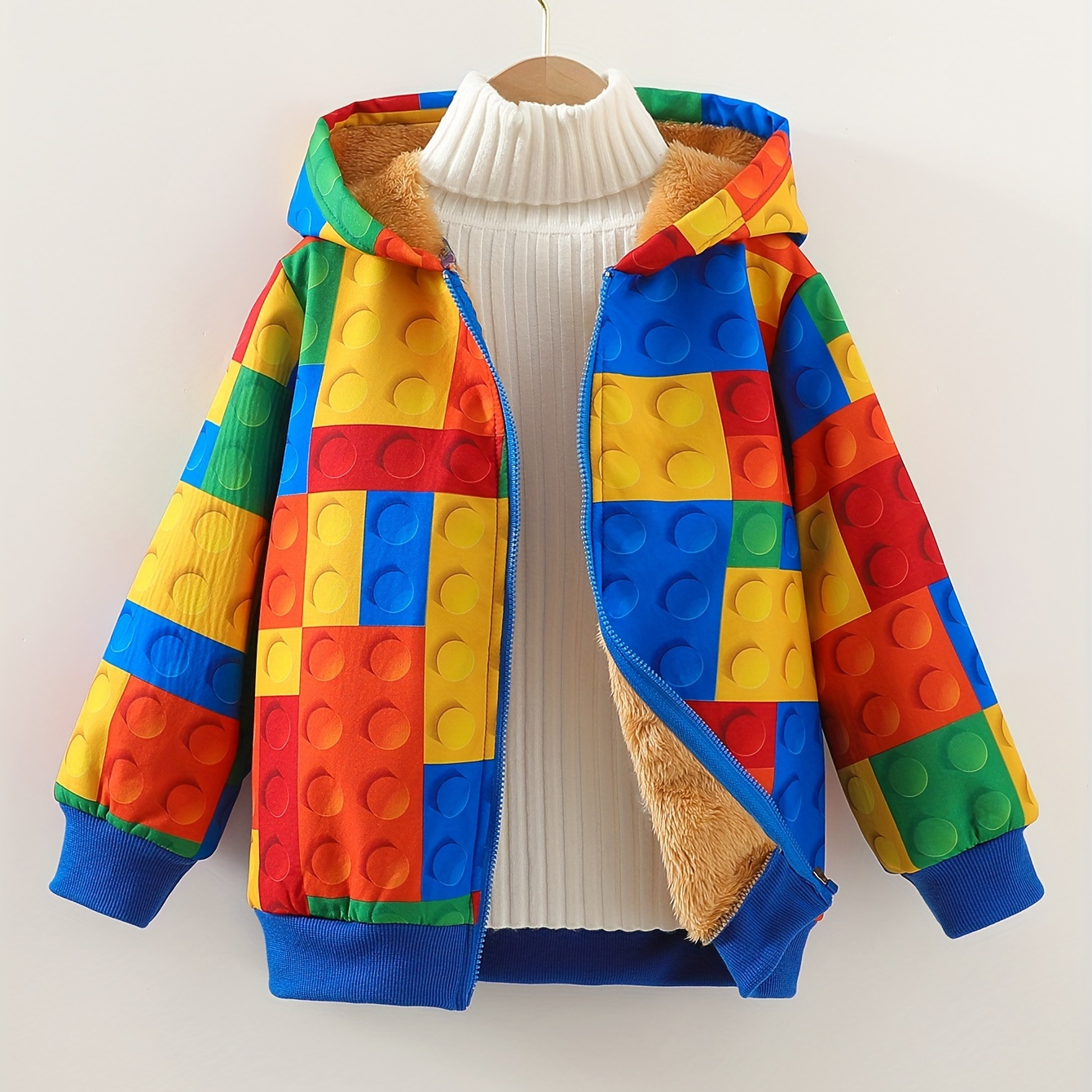 

Color Building Blocks Print Fleece Lining Hooded Jacket, Long Sleeve Zip Up Warm Jacket, Boys Clothes Outdoor