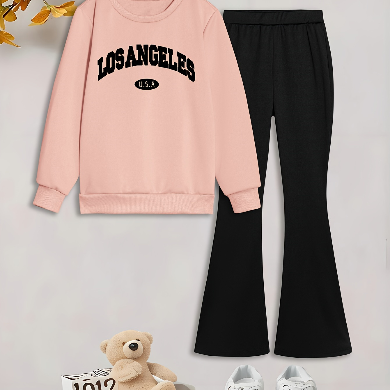 

Girl's Fashionable Set Los Usa Lettering Printed Long Sweatshirt & Knitted -bottom Pants, Girl's And Set, For And , Clothing