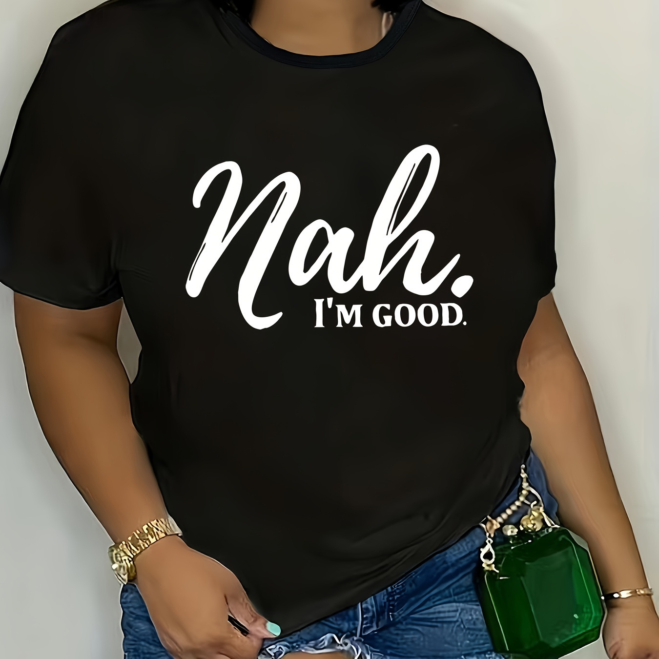 

Plus Size I'm Good Print T-shirt, Casual Short Sleeve Crew Neck Top For Spring & Summer, Women's Plus Size Clothing