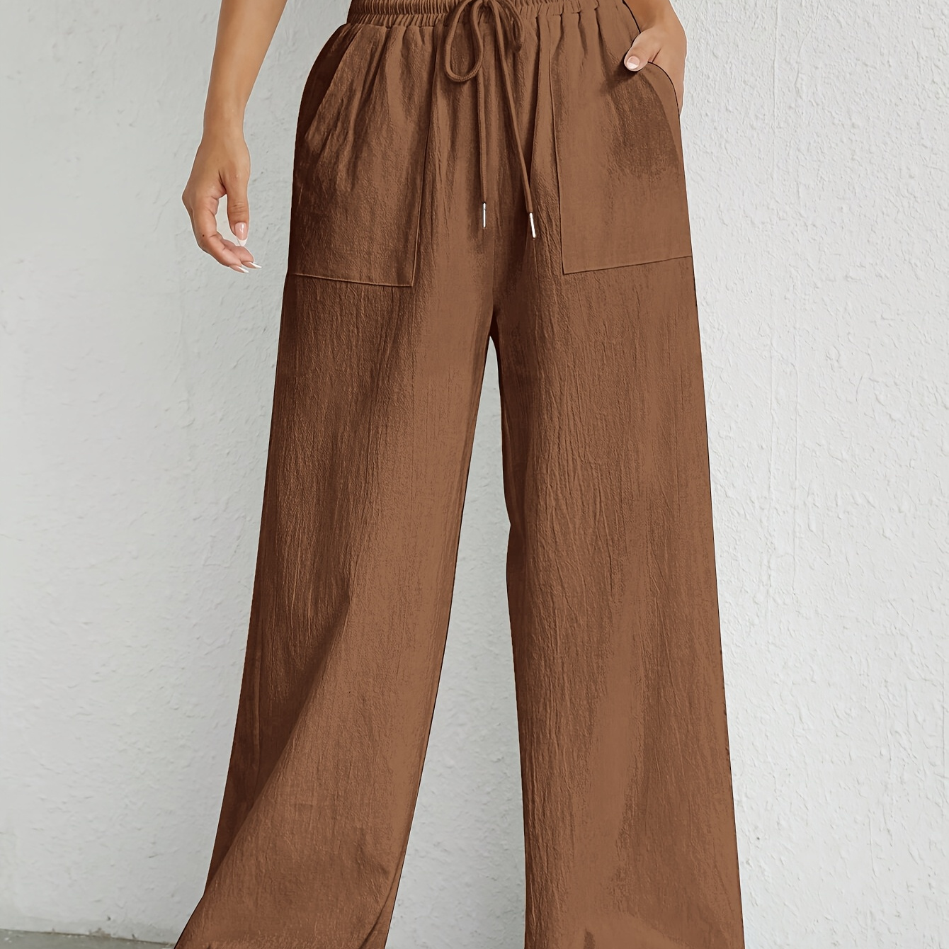 

Elegant Women'-colored Wide-leg Pants With Pockets - Polyester & Spandex , Machine Washable