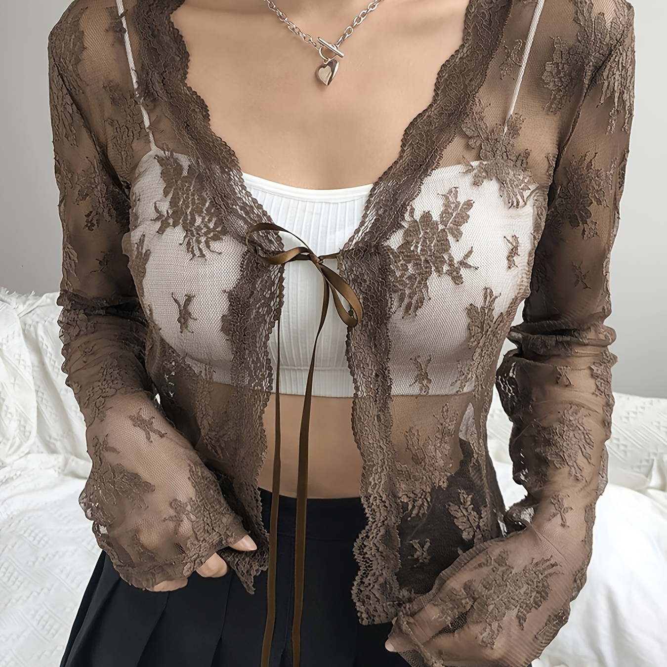 

Lace Up Contrast Lace Sheer Cardigan, Elegant V Neck Long Sleeve Cardigan, Women's Clothing