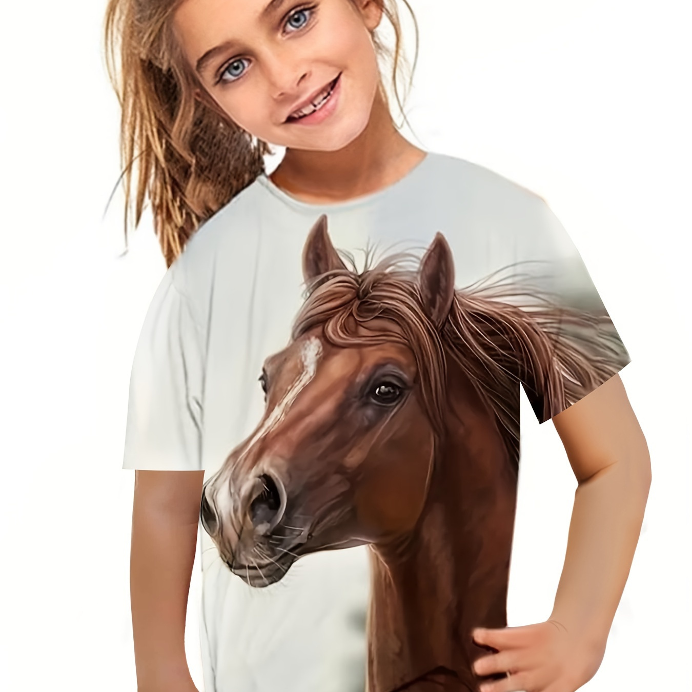 

3d Horse Print Short Sleeve T-shirt, Girls Casual Crew Nek Tees For Summer