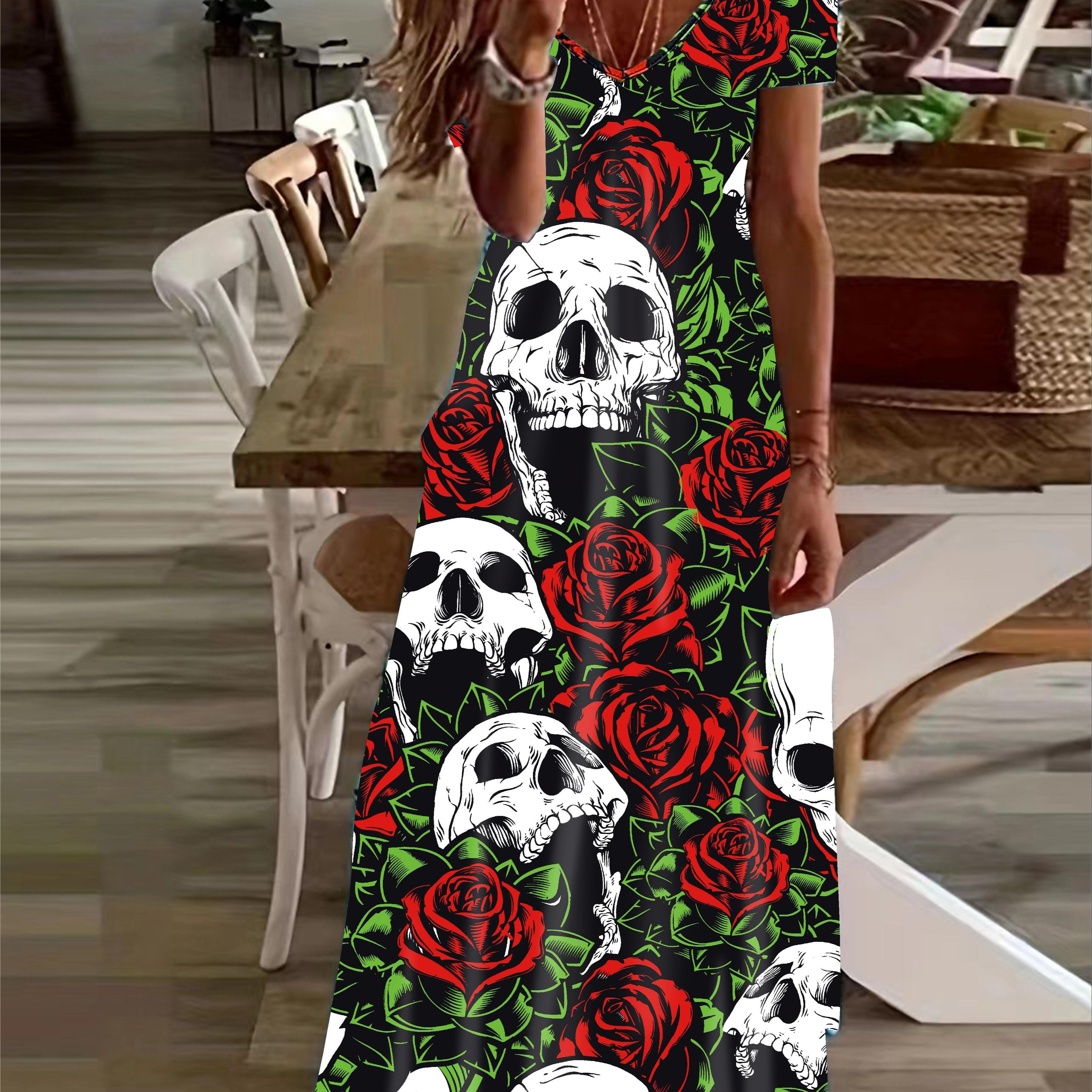 

Plus Size Skull & Rose Print Long Length Dress, Casual Short Sleeve V Neck Dress For Spring & Summer, Women's Plus Size Clothing