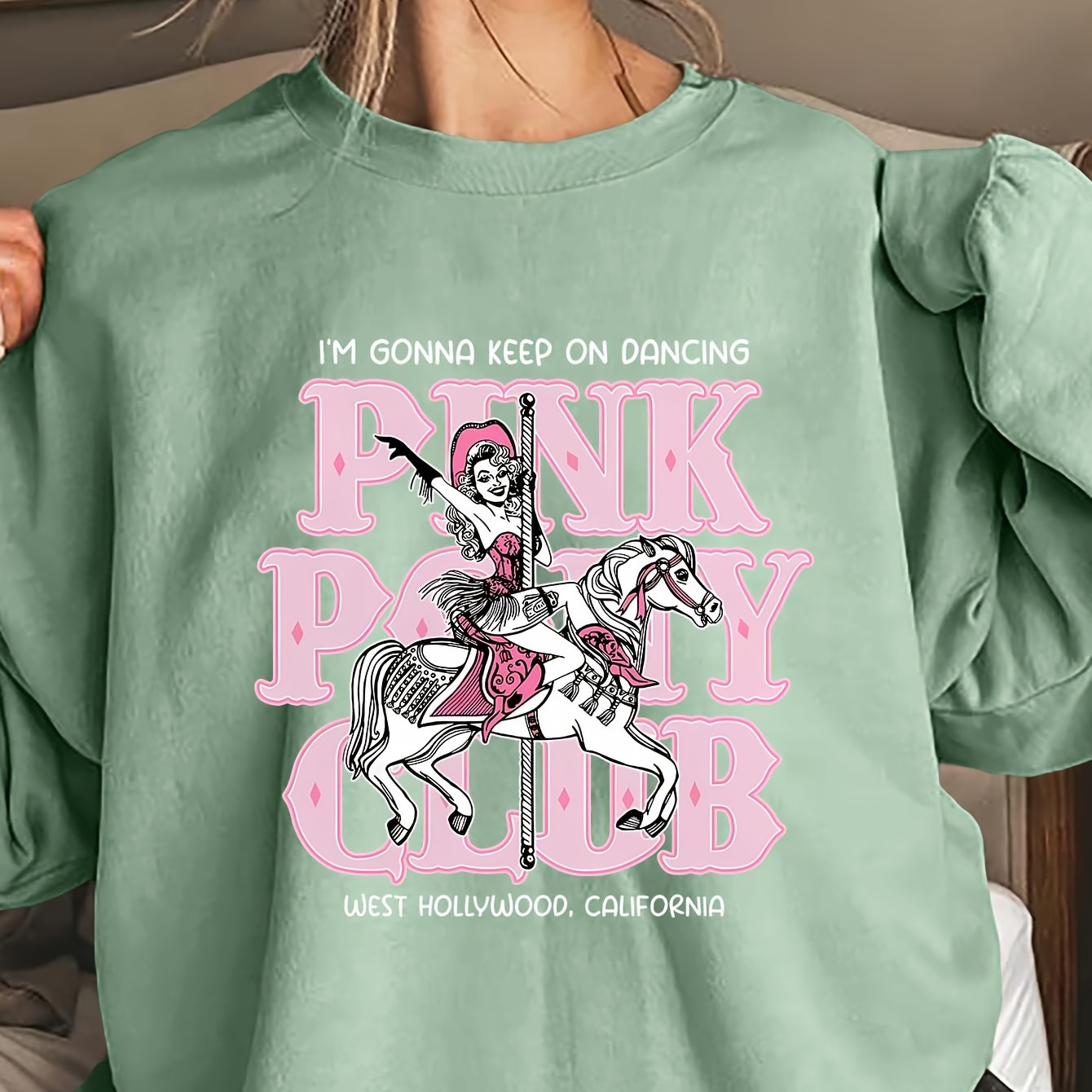 

Cozy Pony Club Graphic Sweatshirt For Women - Crew Neck, Casual Polyester Pullover For Fall & Winter