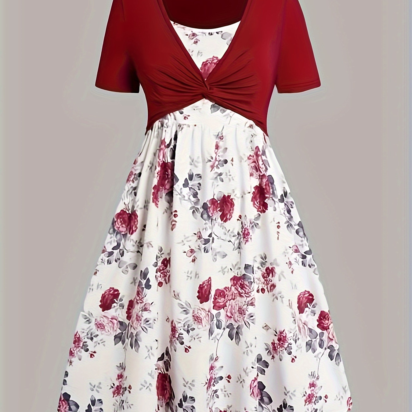 

Plus Size Floral Print Two-piece Set, Twist Front Short Sleeve Top & Slip Dress Outfits, Women's Plus Size clothing