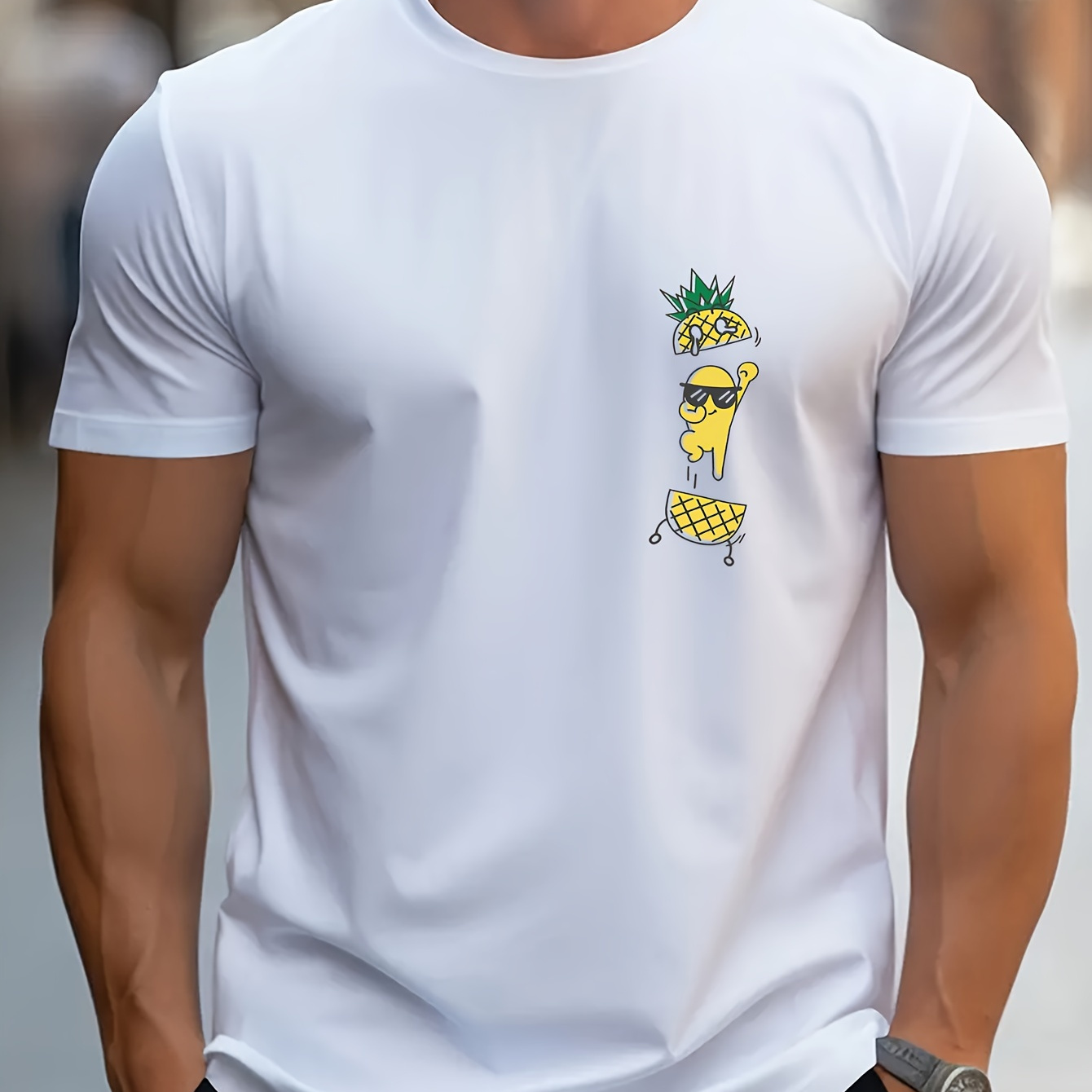 

Funny Pineapple Creative Print Versatile Short Sleeve T-shirt For Men, Stylish And Causal Round Neck Tee With Summer & Spring Trendy Top For Daily Wear