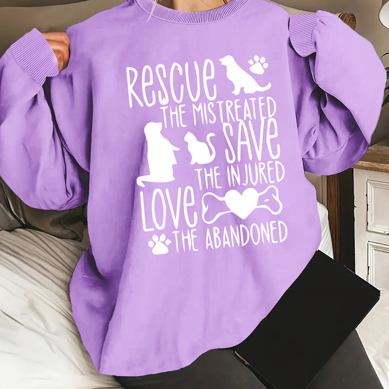 

Plus Size Rescue & Dog Print Sweatshirt, Casual Long Sleeve Crew Neck Pullover Sweatshirt, Women's Plus Size Clothing