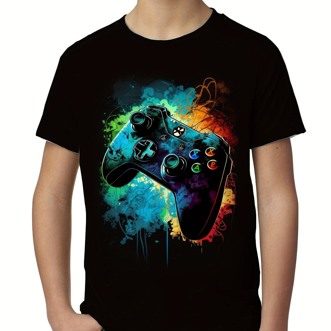 

3d Gamepad Graffiti Print Tee Tops, Boy's Round Neck Casual Short Sleeve Comfortable Soft Versatile T-shirt