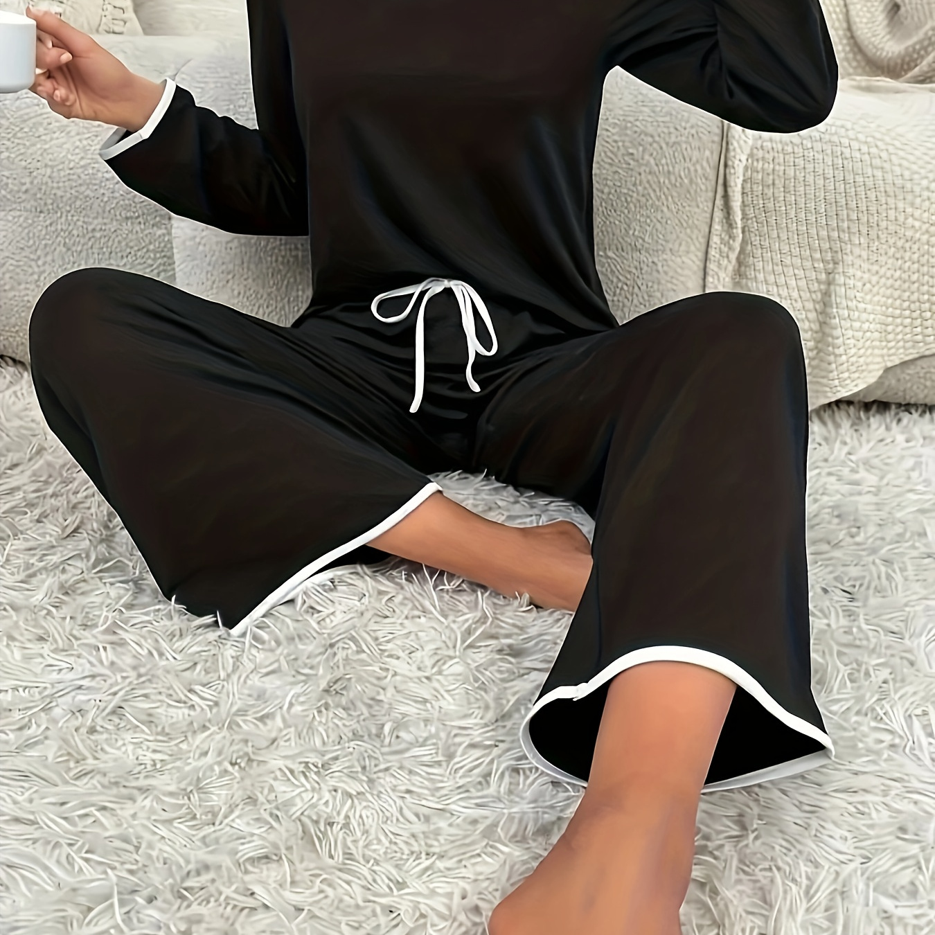 

Contrast Trim Casual Two-piece Set, Long Sleeve Notched Neck Top & Drawstring Pants Outfits, Women's Clothing